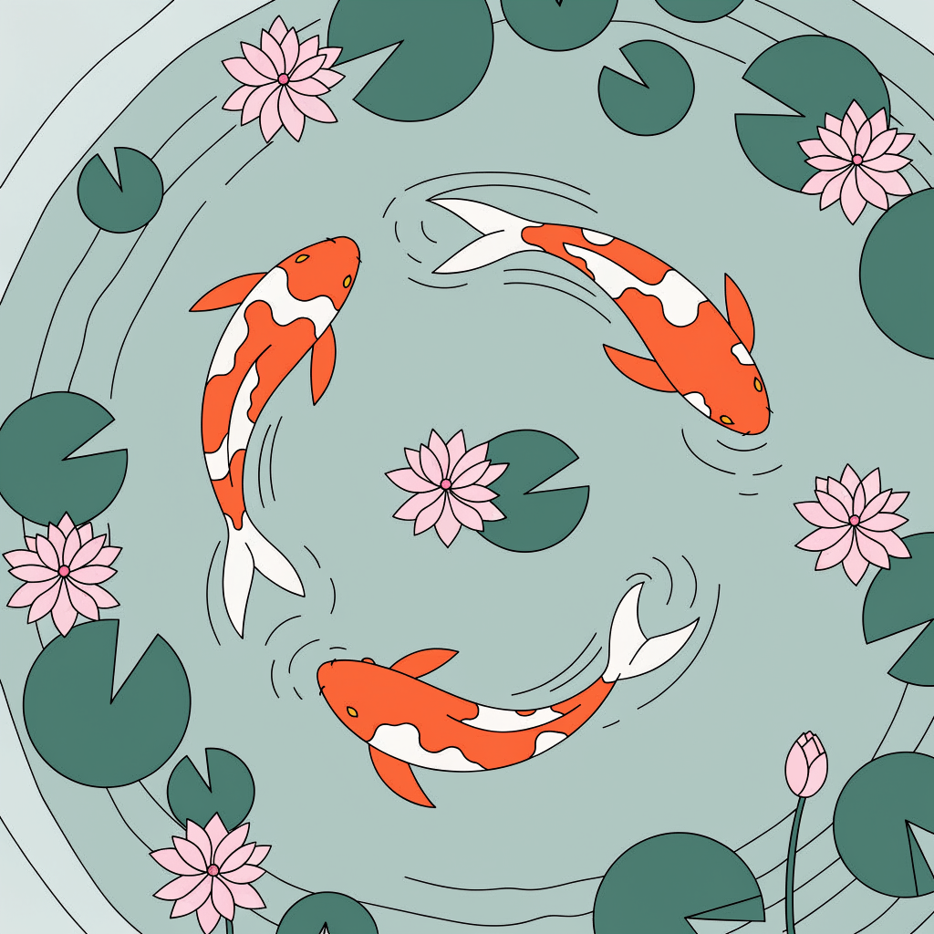 A flat illustration of three orange and white koi circling among green lily pads and pink lotus flowers on teal water