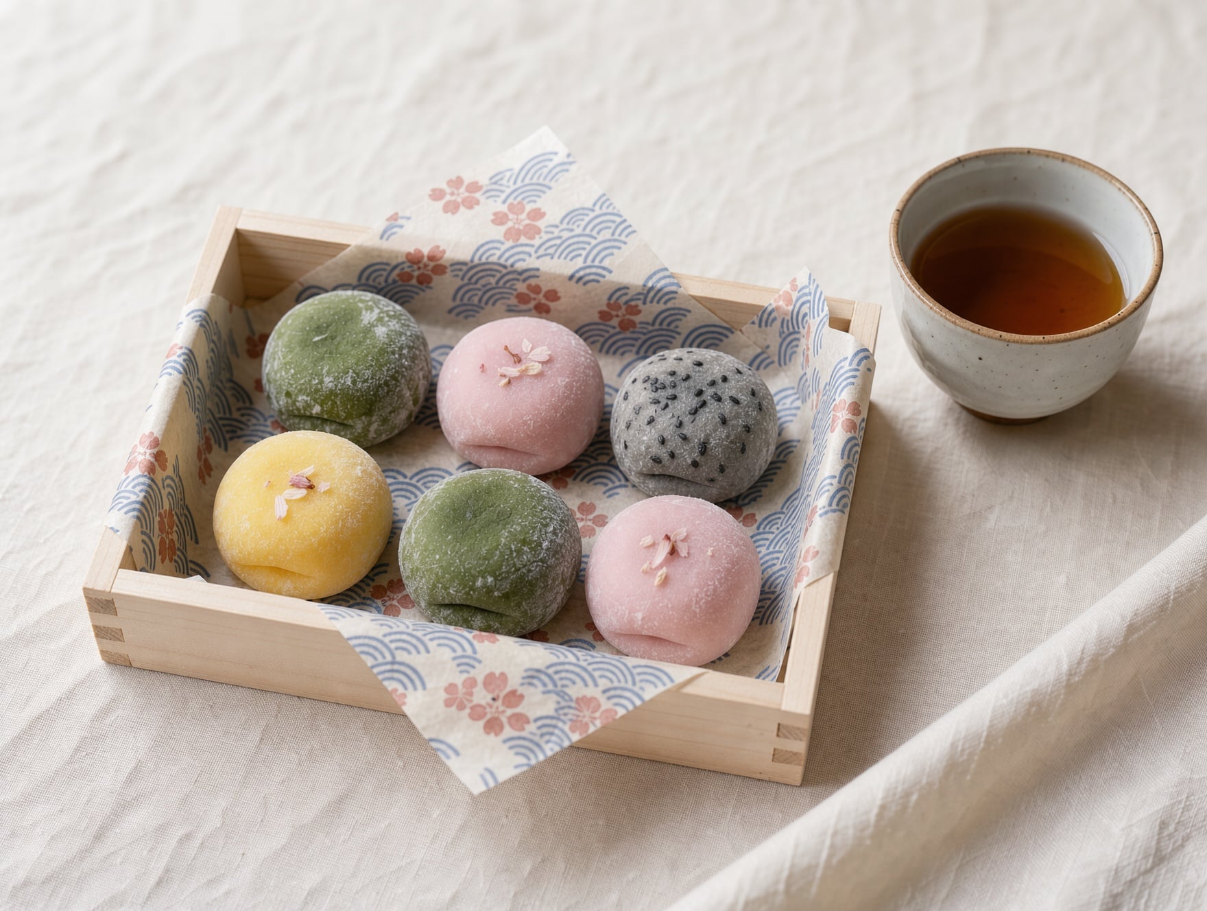FLUX 3 Image: six mochi in a box lined with blue wave patterned paper, at a three quarter angle beside a cup of tea