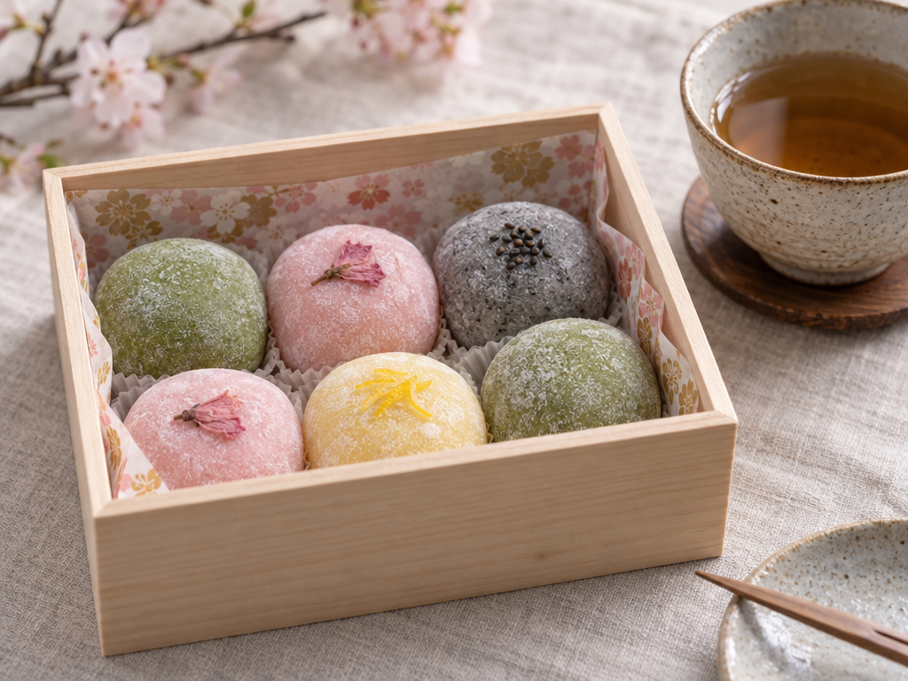 GPT Image 2.5: six mochi topped with blossoms in a wooden box, tea cup on a wooden coaster and a branch of cherry blossom