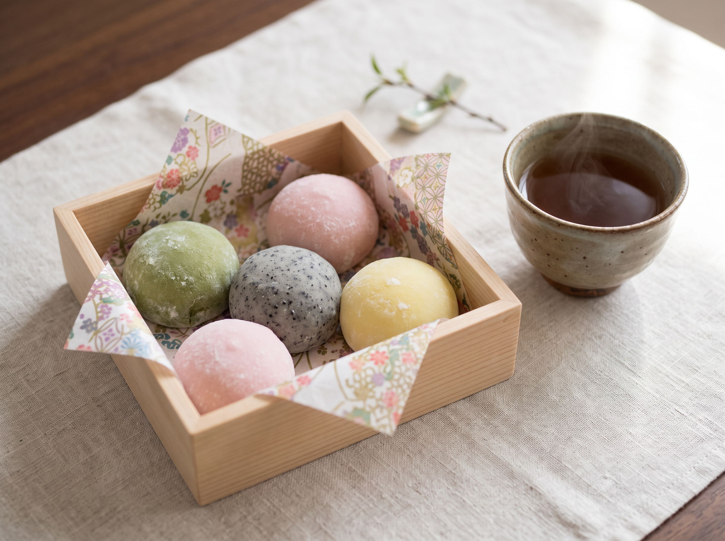 Nano Banana 2.1: five mochi in a wooden box lined with flowered washi paper, tea cup to the side