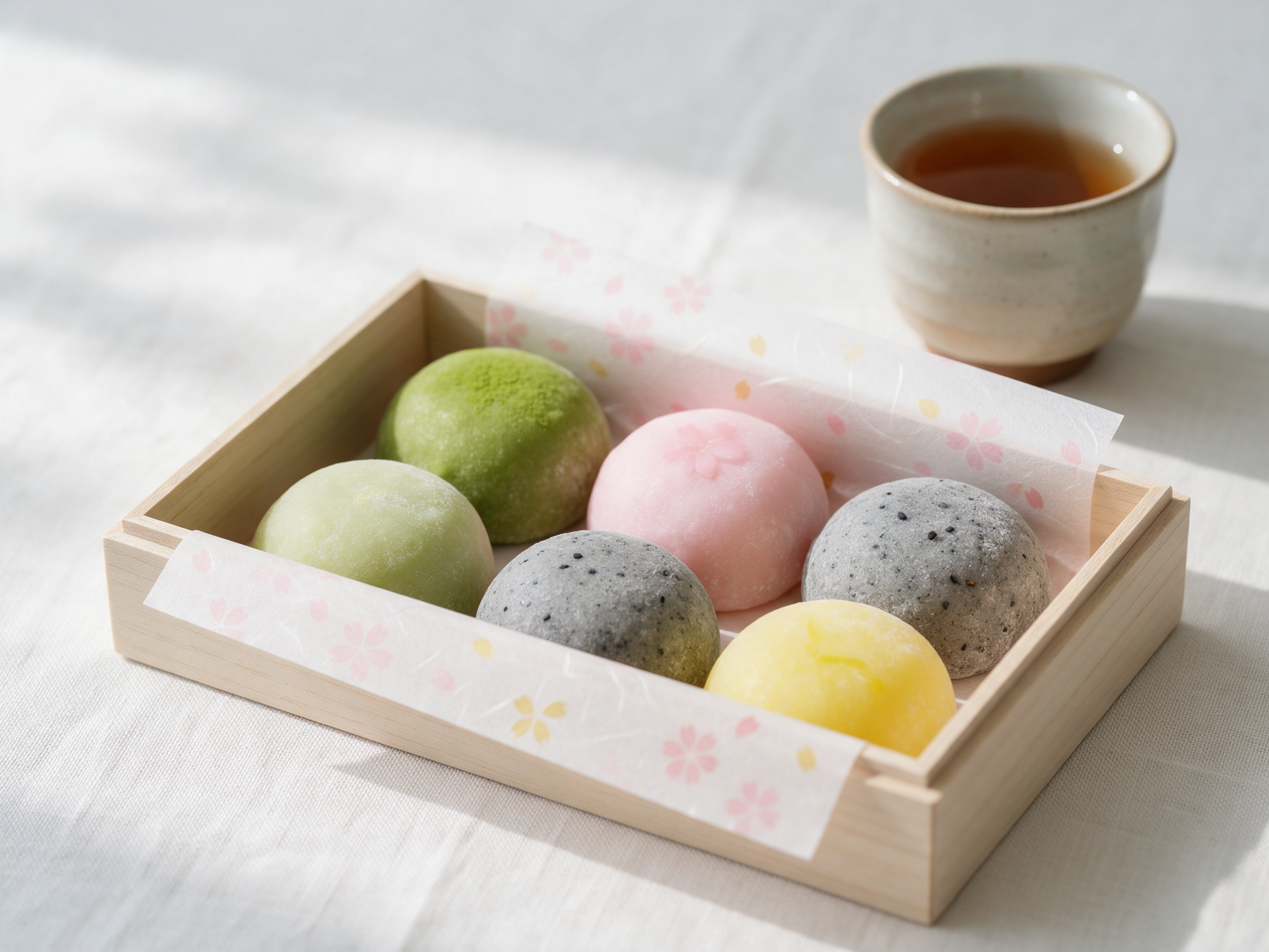 Seedream 5: six mochi in green, pink, sesame and yellow in a wooden box lined with blossom print paper beside a cup of tea