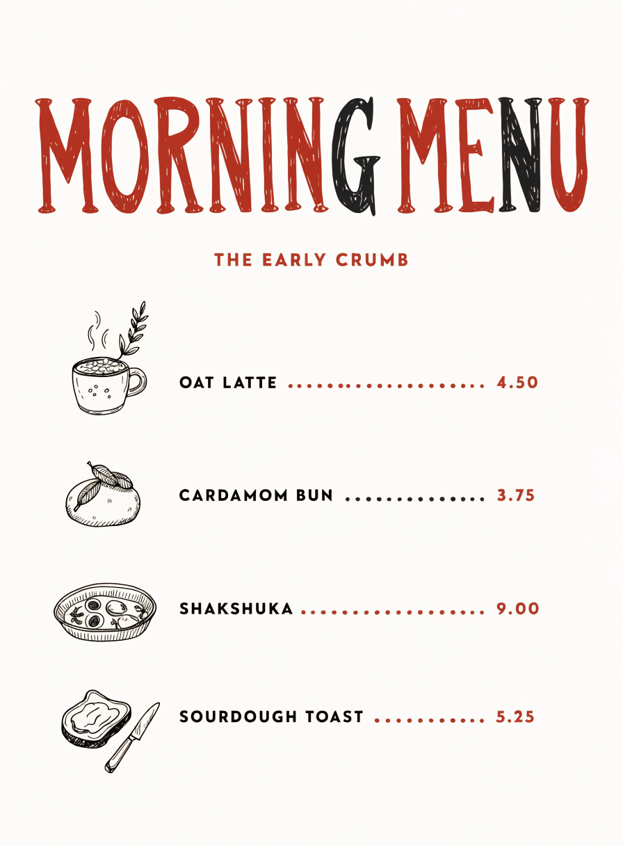 Menu titled MORNING MENU in red and black hand lettering with THE EARLY CRUMB beneath and four items with prices, each beside a black ink drawing of a latte, bun, pan and toast