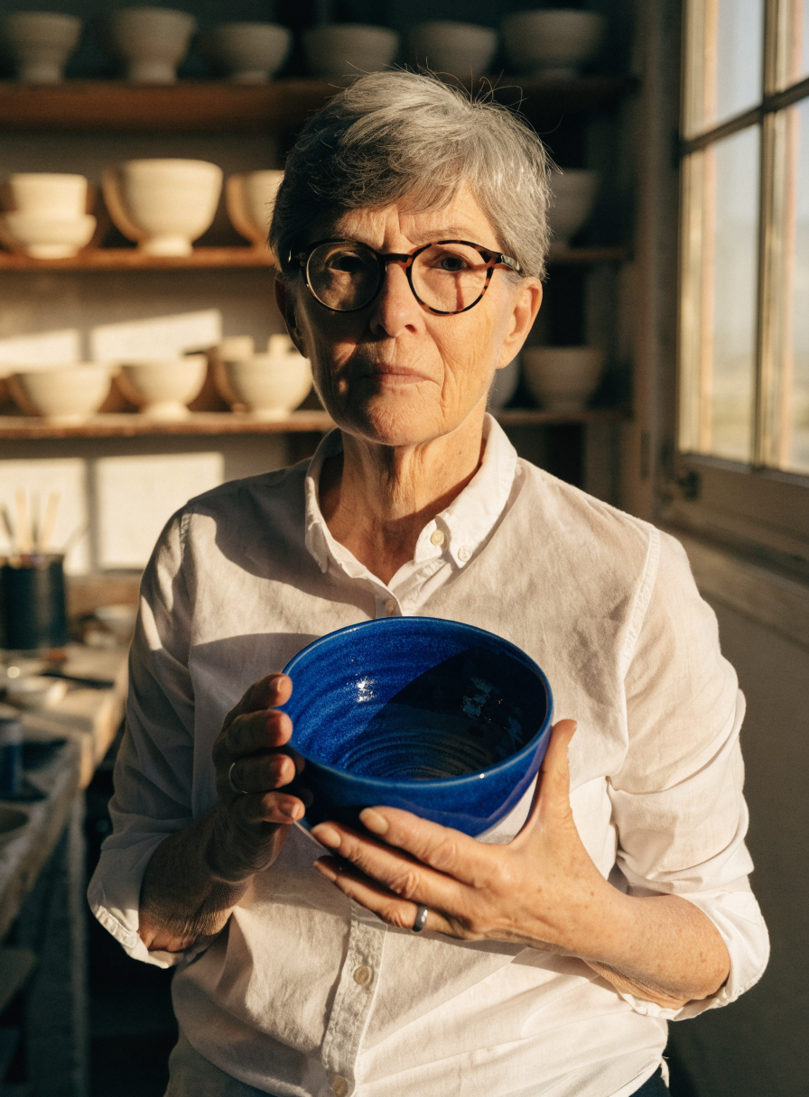 Woman in her sixties with short grey hair and tortoiseshell glasses holding a cobalt blue bowl with both hands in golden window light, shelves of white pots behind her
