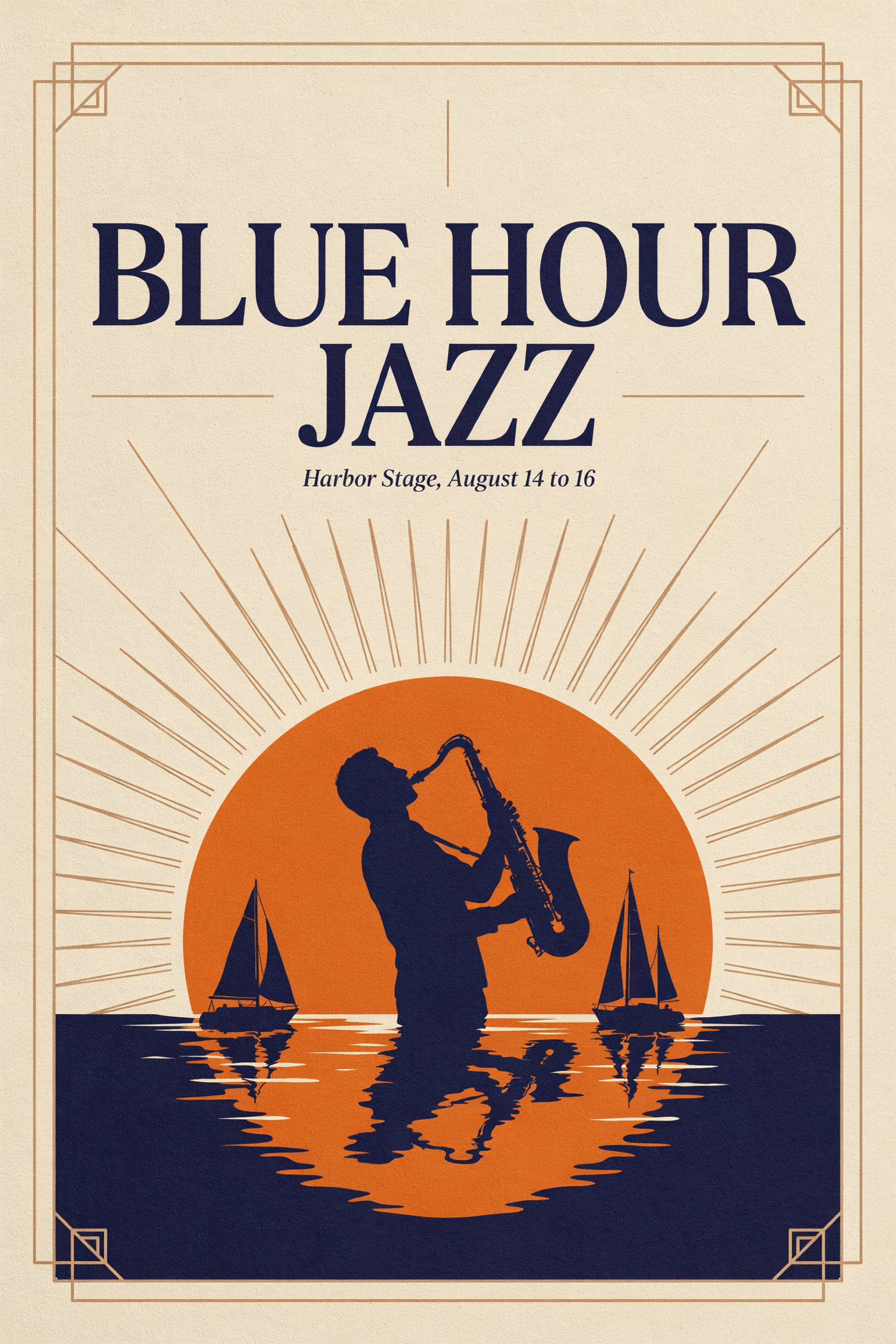 Ideogram 4 poster: the navy serif headline BLUE HOUR JAZZ centered on cream paper above the italic line Harbor Stage, August 14 to 16, with a saxophonist and two sailboats silhouetted against an orange sun and sunburst rays