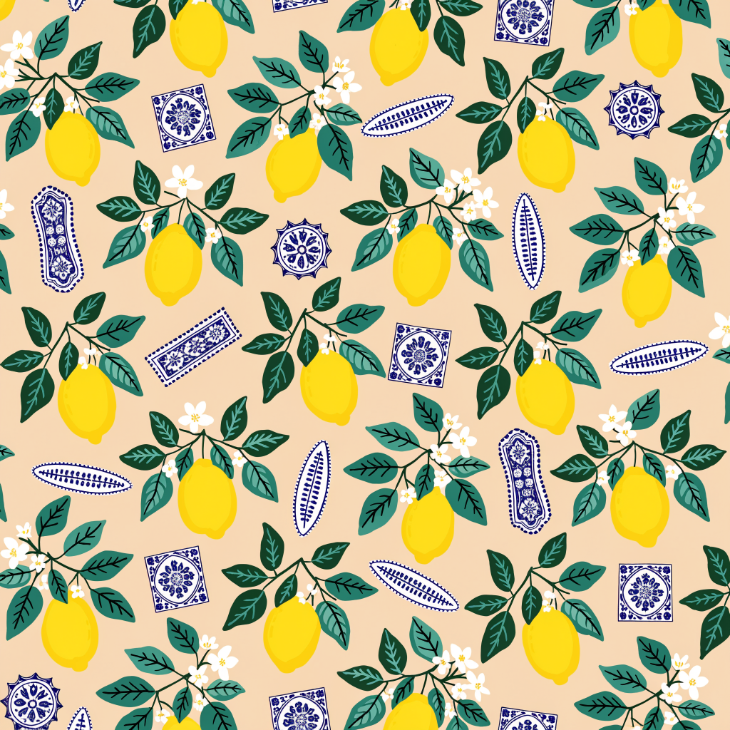 Pattern of yellow lemons on dark green leafy sprigs with white blossoms, scattered with blue and white tile and leaf motifs on a peach background