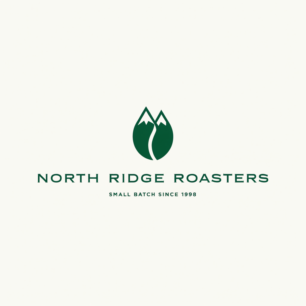 Logo with a dark green coffee bean shape whose top forms two snowy peaks, above the wide spaced wordmark NORTH RIDGE ROASTERS and SMALL BATCH SINCE 1998 on cream