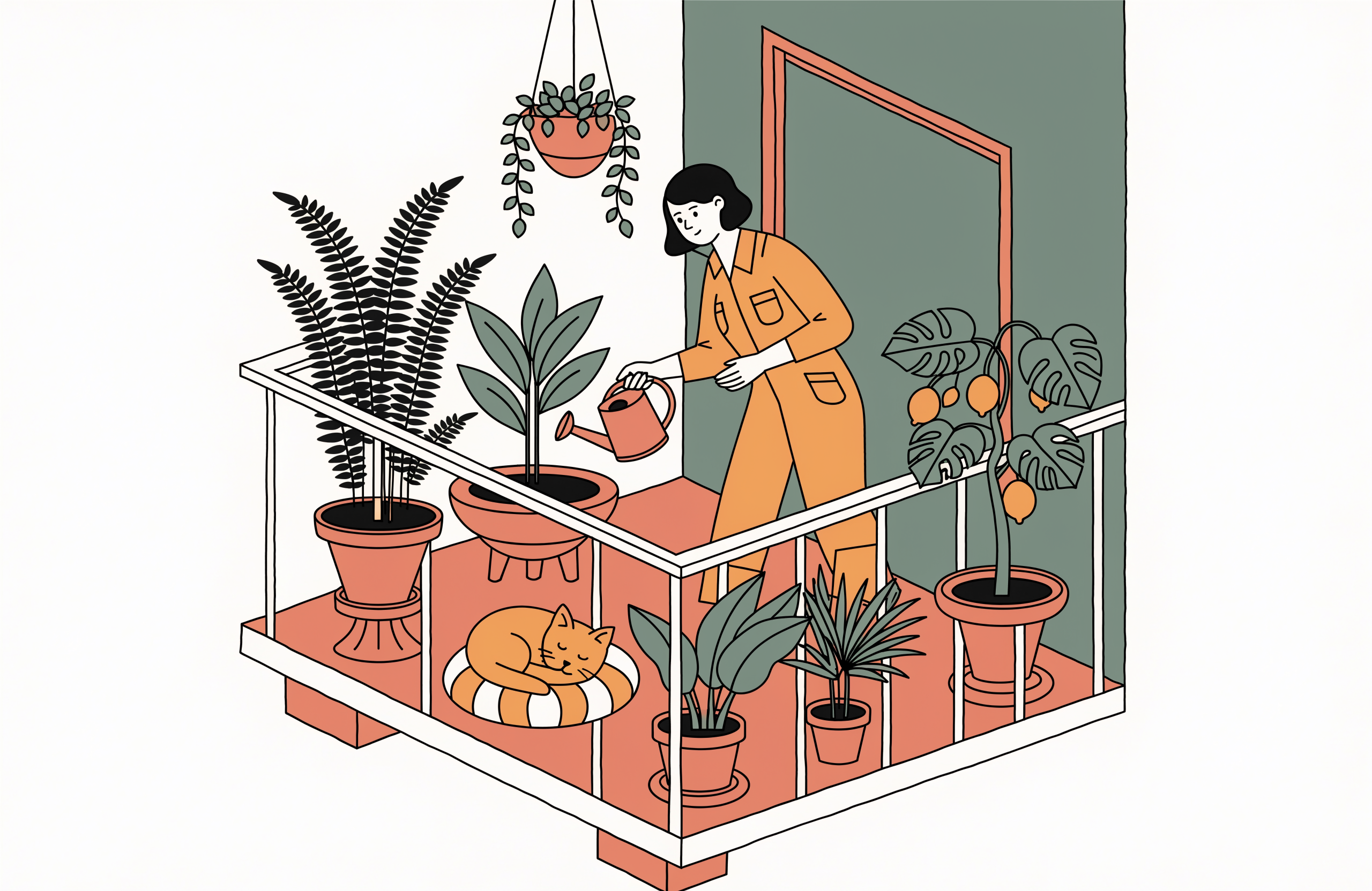 Flat isometric illustration of a woman in a mustard jumpsuit watering plants on a terracotta balcony with ferns, a monstera, a small lemon tree and an orange cat asleep on a striped cushion