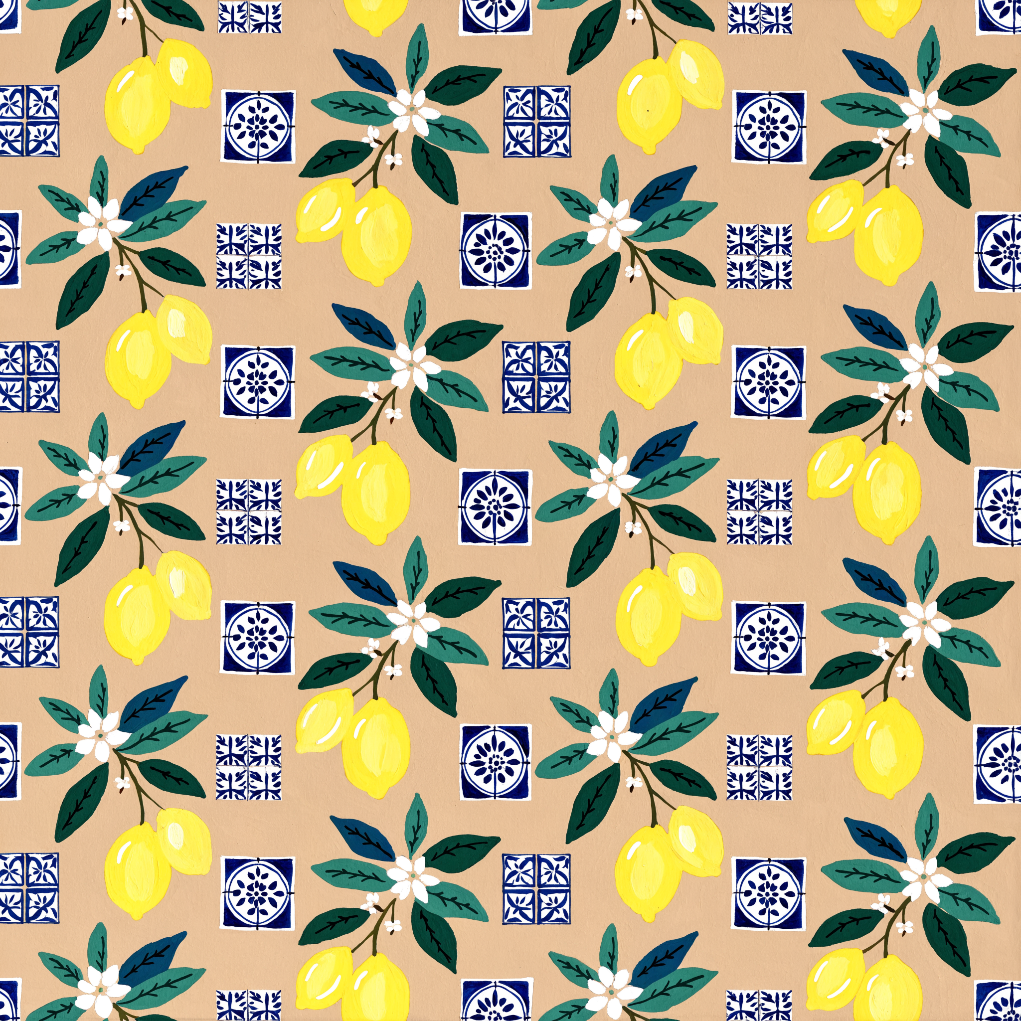 Repeating pattern of yellow lemons with green leaves and white blossoms between blue and white painted tiles on a sand colored background