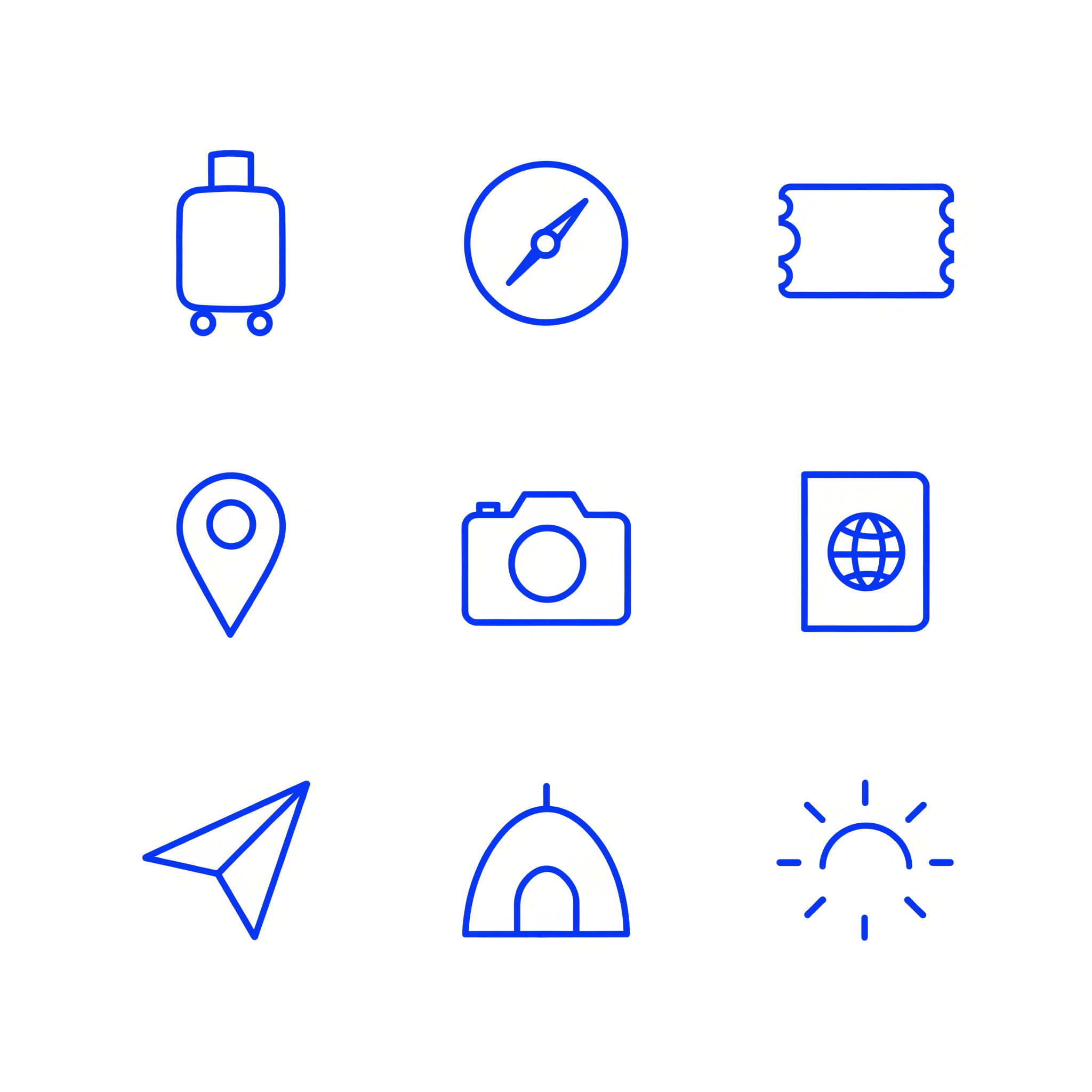 Nine cobalt blue line icons in a 3 by 3 grid on white: rolling suitcase, compass, ticket, map pin, camera, passport, paper airplane, tent and sun, all with the same stroke weight