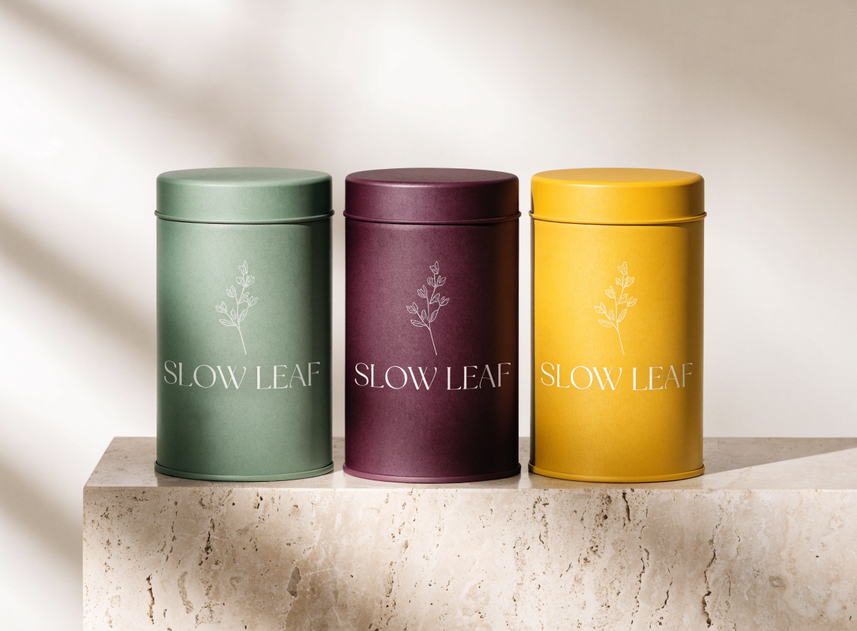 Three matte tea tins in sage, plum and saffron with matching white sprig drawings and the serif wordmark SLOW LEAF on a travertine block with soft striped shadows