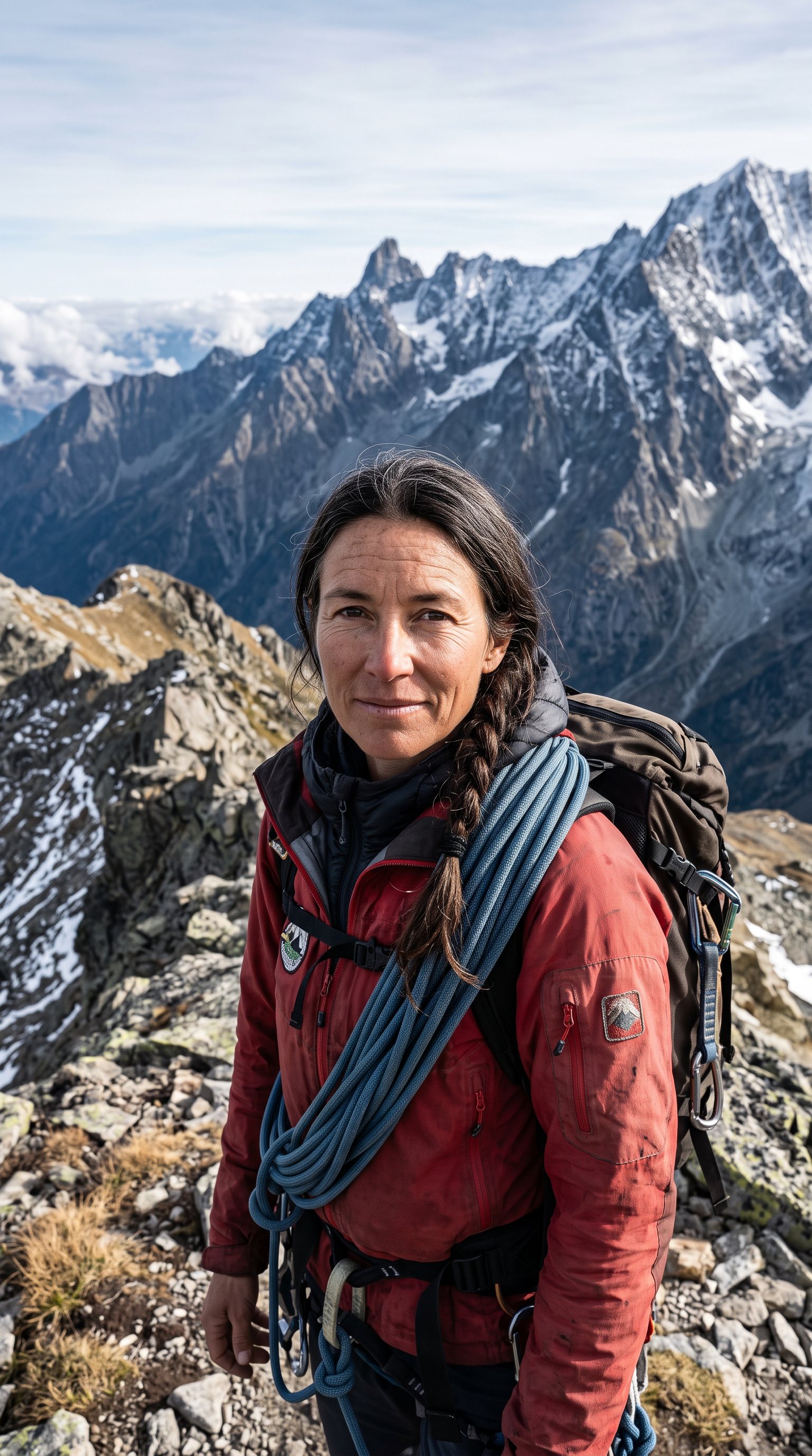A mountain guide in her forties with a long dark braid, a red jacket and a coiled blue rope stands on a rocky ridge below snowy peaks