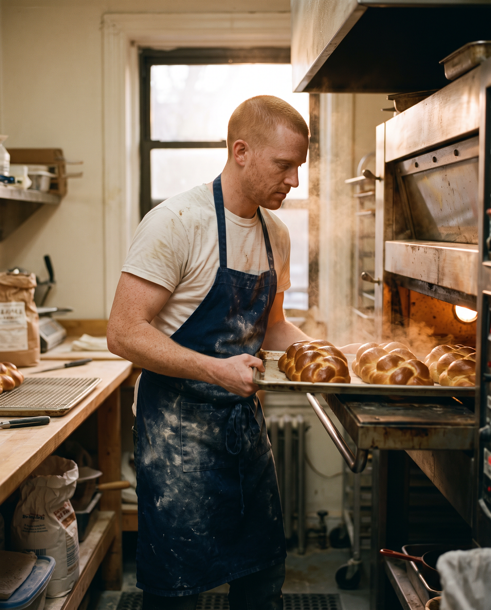 The photo: a generated red haired baker pulling a tray of braided loaves from a deck oven