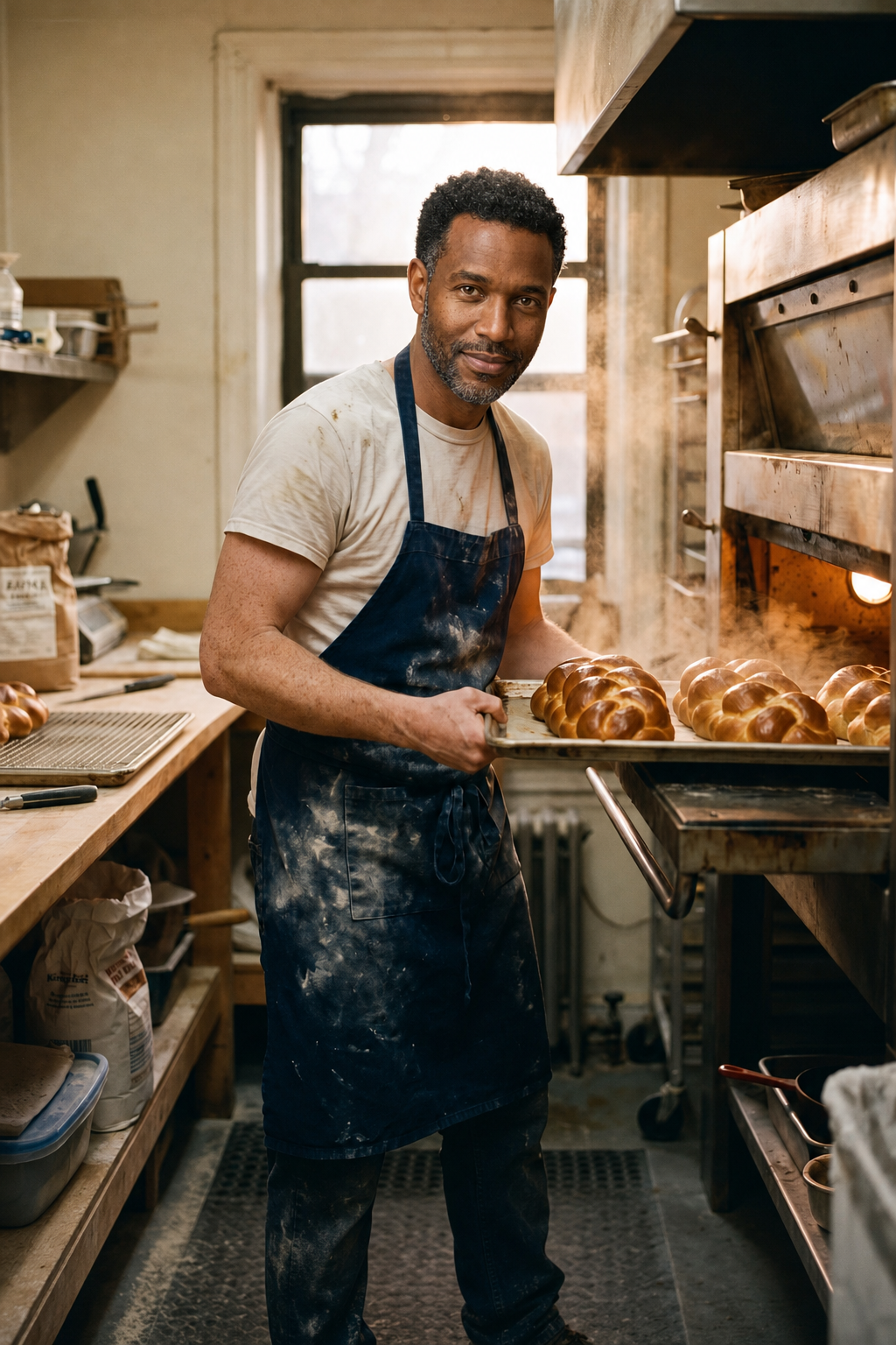 GPT Image 2 Edit swap: the same bakery with the new face turned toward the camera and smiling