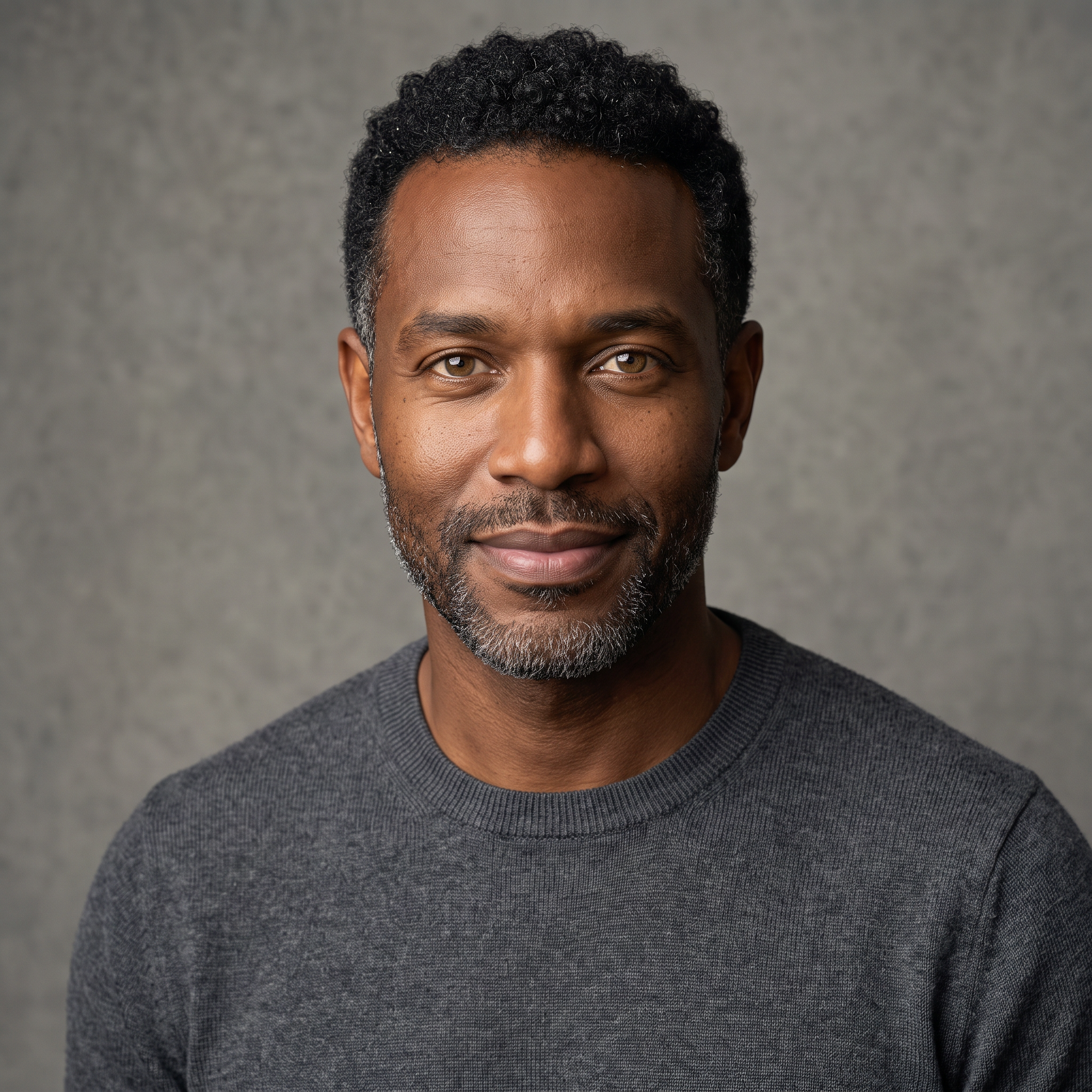 The face: a generated man with close cropped curly black hair greying at the temples and a short salt and pepper beard