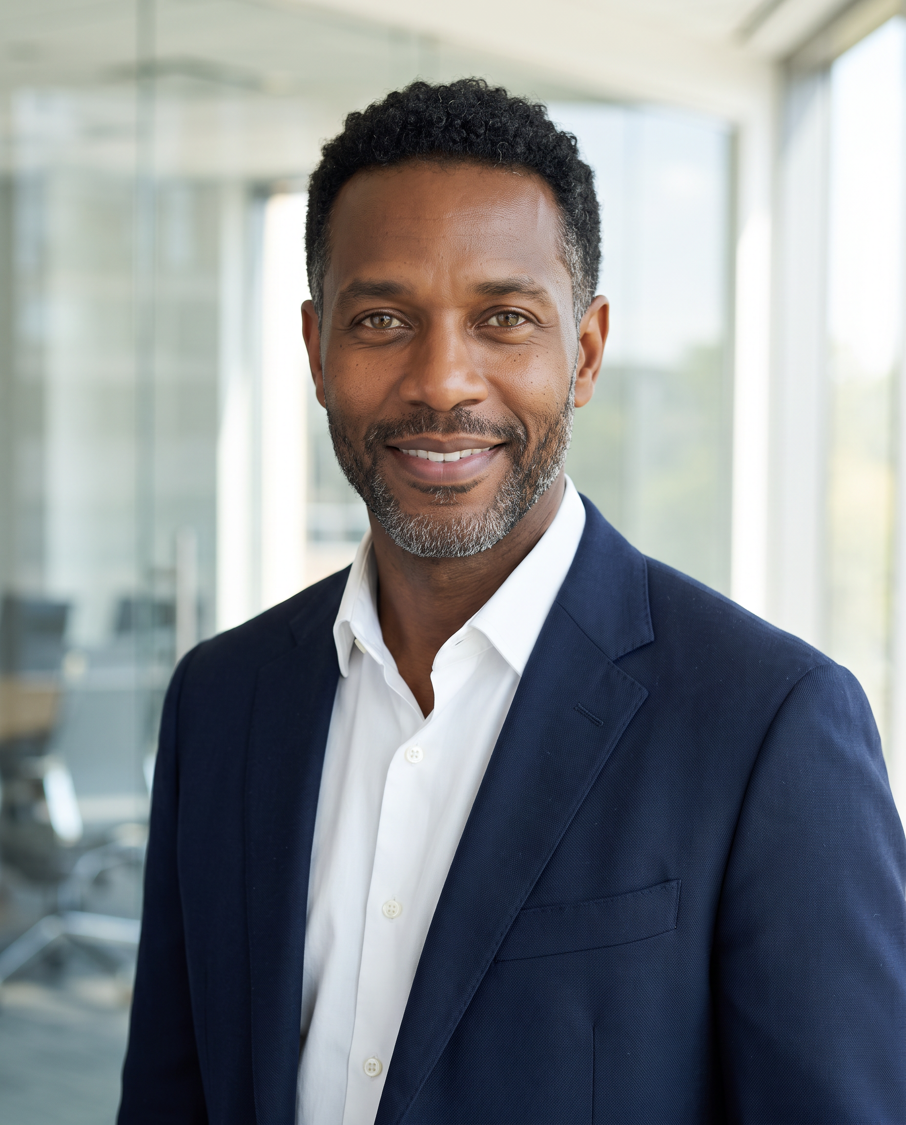 A corporate headshot of the same generated man in a navy blazer and white shirt in a bright glass office