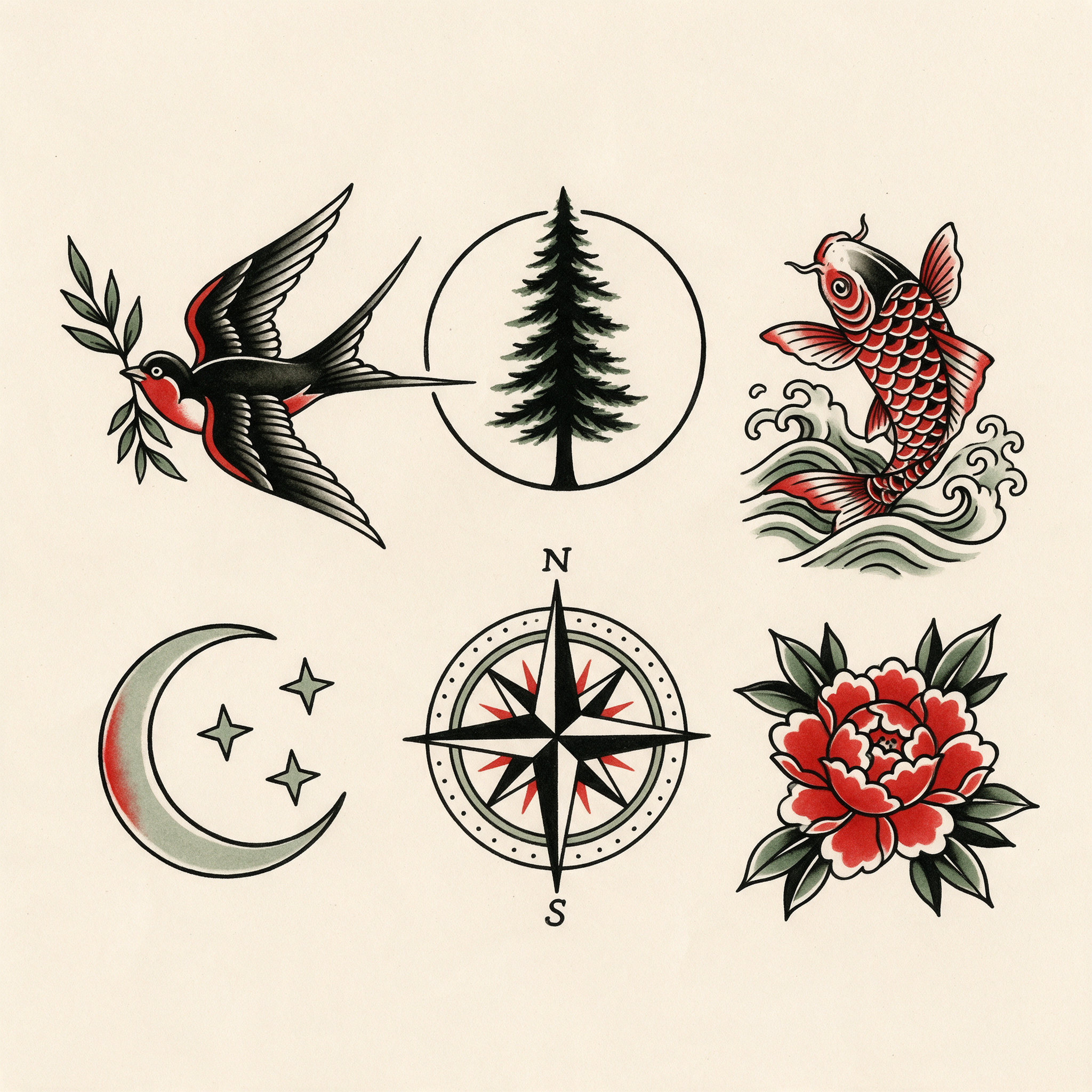 A tattoo flash sheet with a swallow, a pine tree in a circle, a koi, a crescent moon, a compass rose and a peony