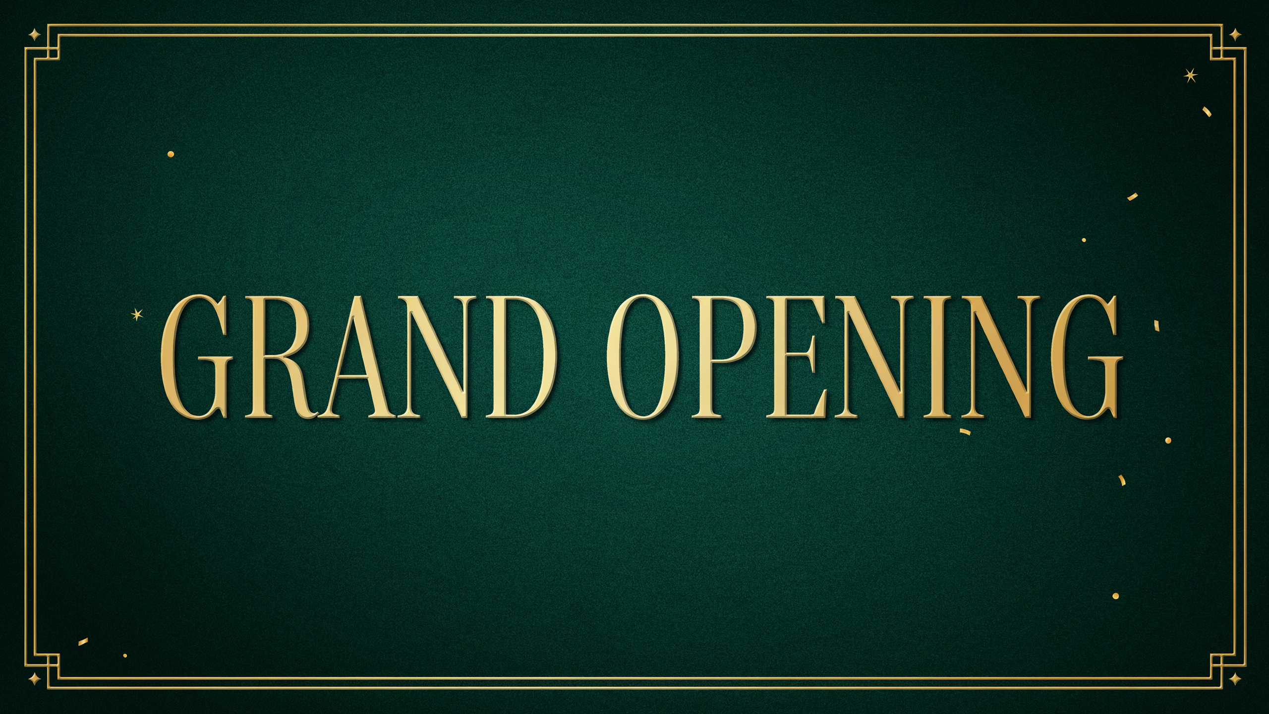 A GRAND OPENING title card in gold serif letters on deep emerald velvet inside a thin art deco frame