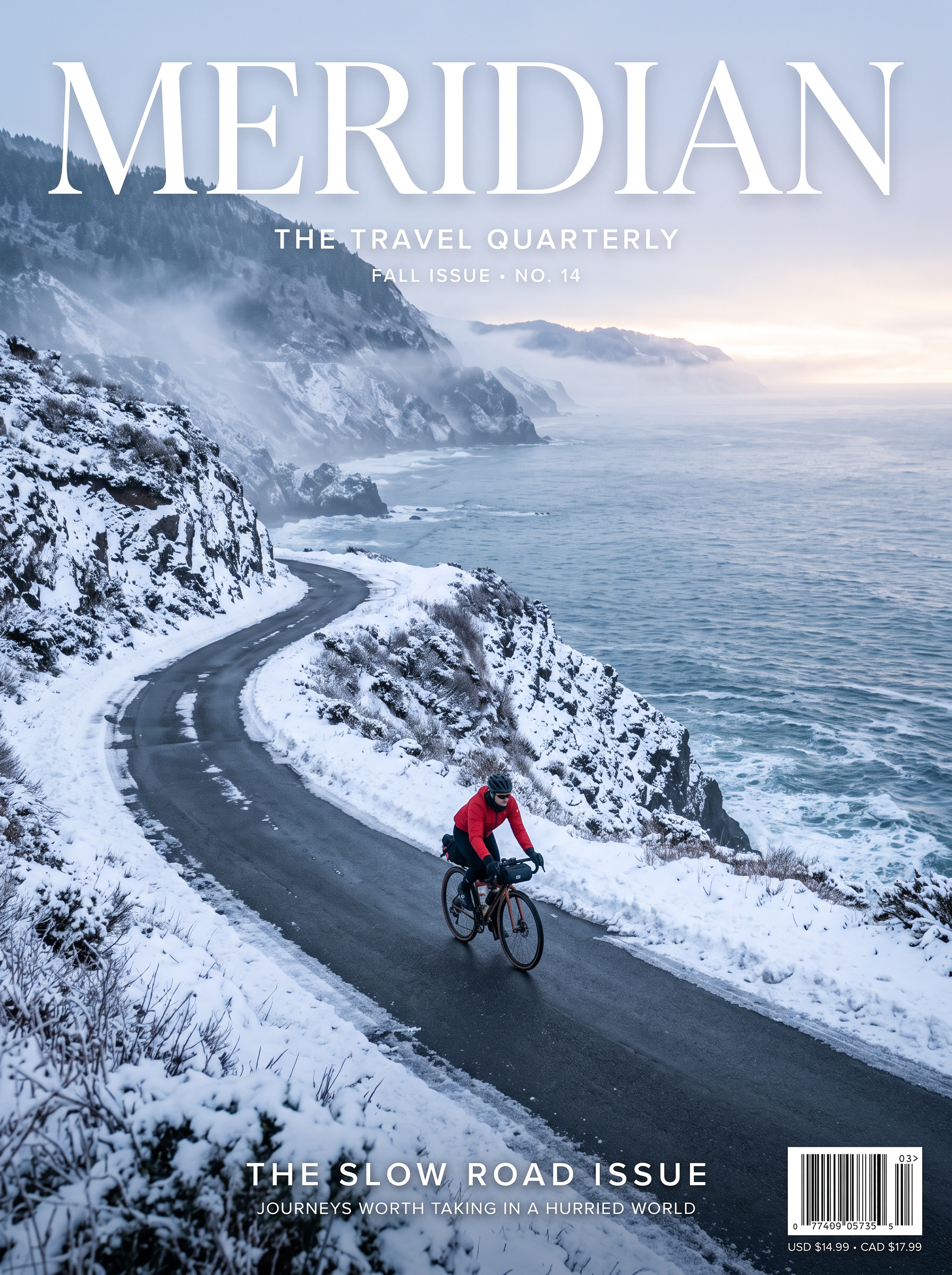 A travel magazine cover titled MERIDIAN with a cyclist in a red jacket on a snowy coastal cliff road and the line THE SLOW ROAD ISSUE