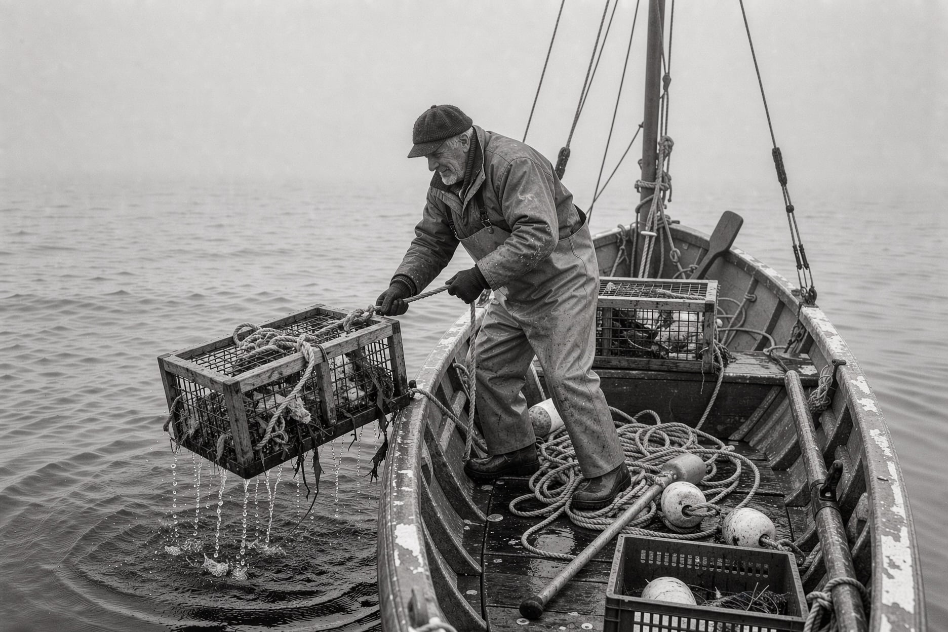A black and white photo of a fisherman in a wool cap hauling a lobster trap over the side of a wooden boat in fog