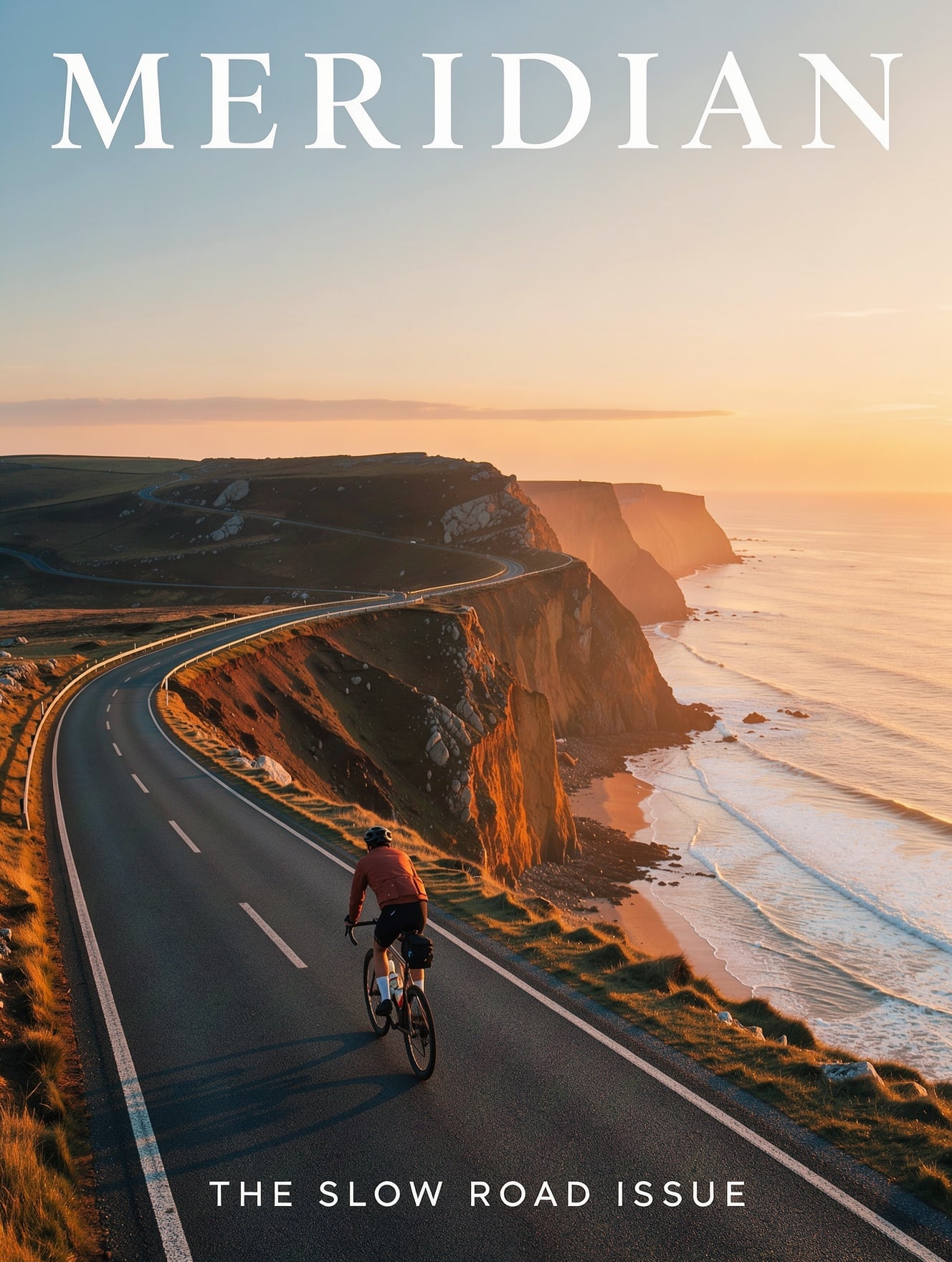 FLUX 3 Image: a MERIDIAN cover with a cyclist in a red jacket on a sunset cliff road and only the requested text