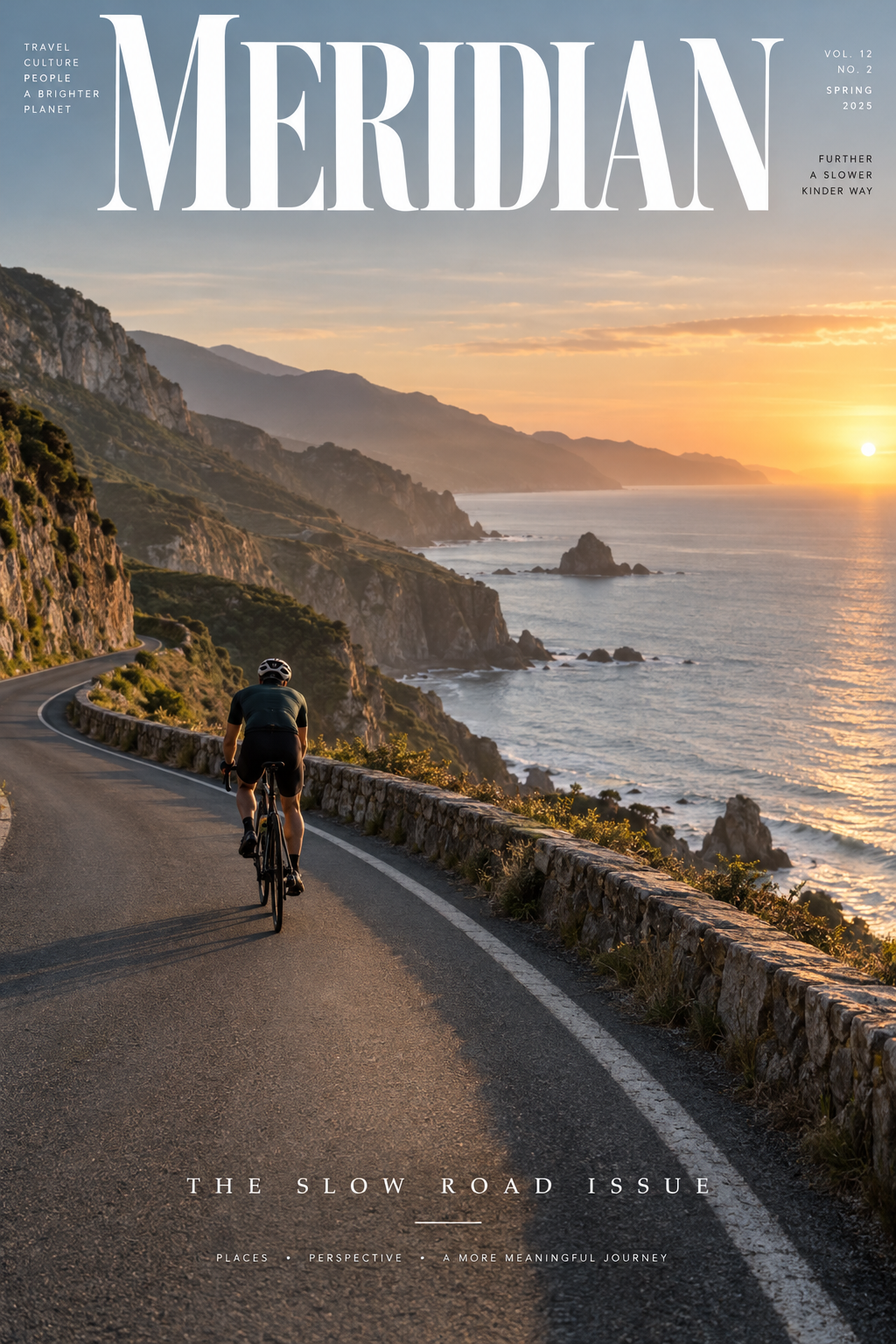 GPT Image 2.5: a tall MERIDIAN masthead over a sunset coast road with side columns of small cover text