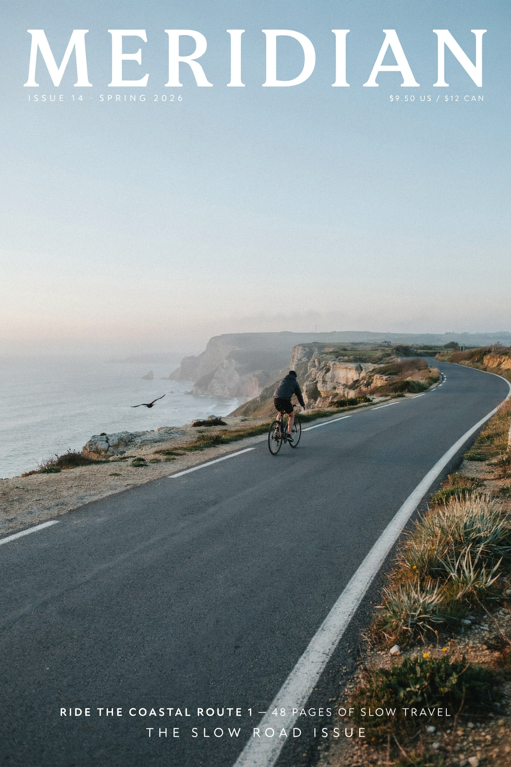 Ideogram 4.5: a MERIDIAN cover with a cyclist on a misty cliff road, issue and price lines and the cover line at the bottom