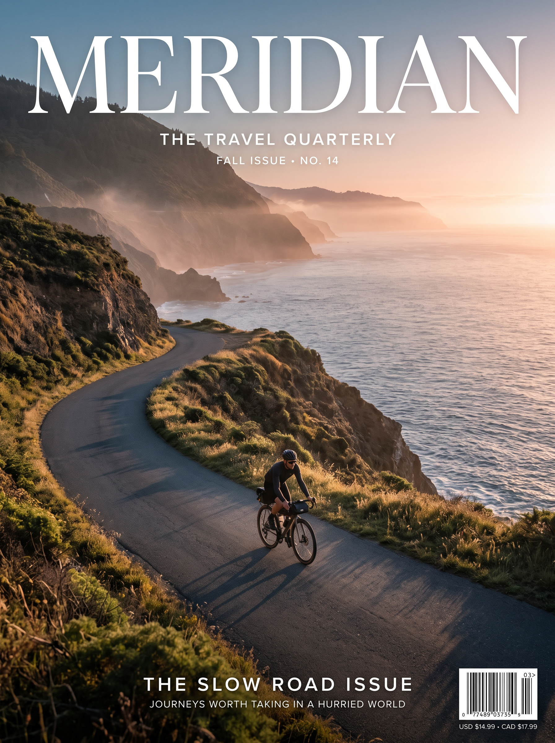 Nano Banana 2.1: a MERIDIAN cover with THE TRAVEL QUARTERLY tagline, a winding cliff road, a barcode and the cover line