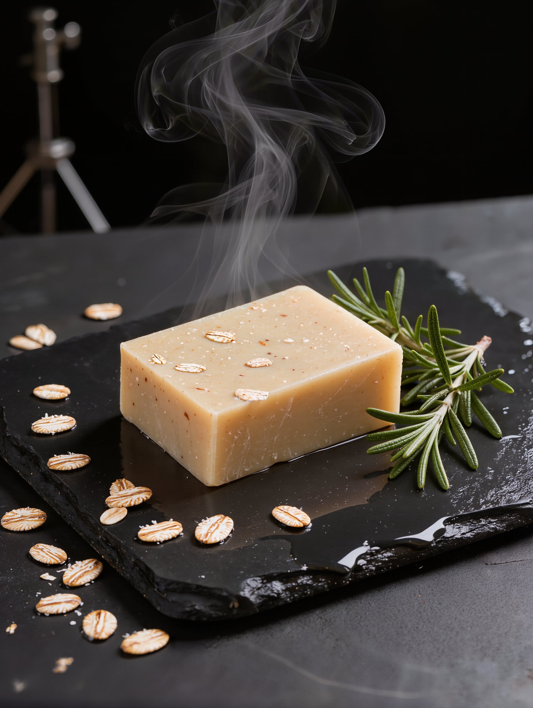 A bar of oat soap on wet black slate with rosemary, oat flakes and rising steam