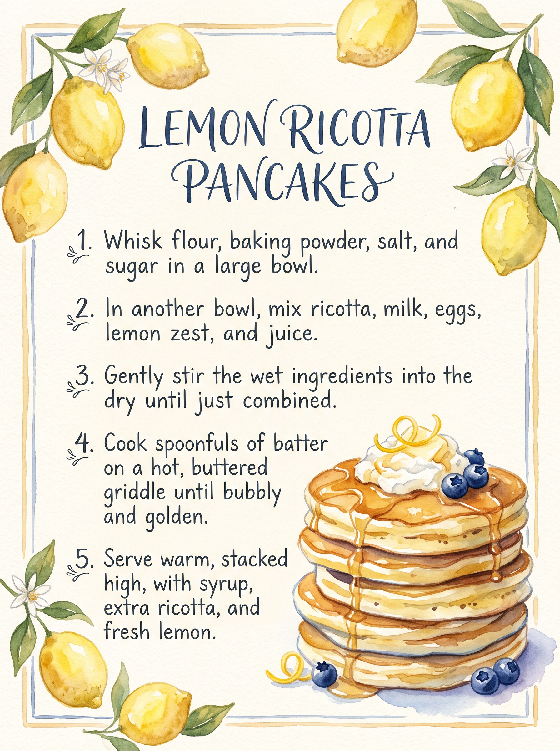 A watercolor recipe card titled LEMON RICOTTA PANCAKES with five numbered steps, lemons and a stack of pancakes