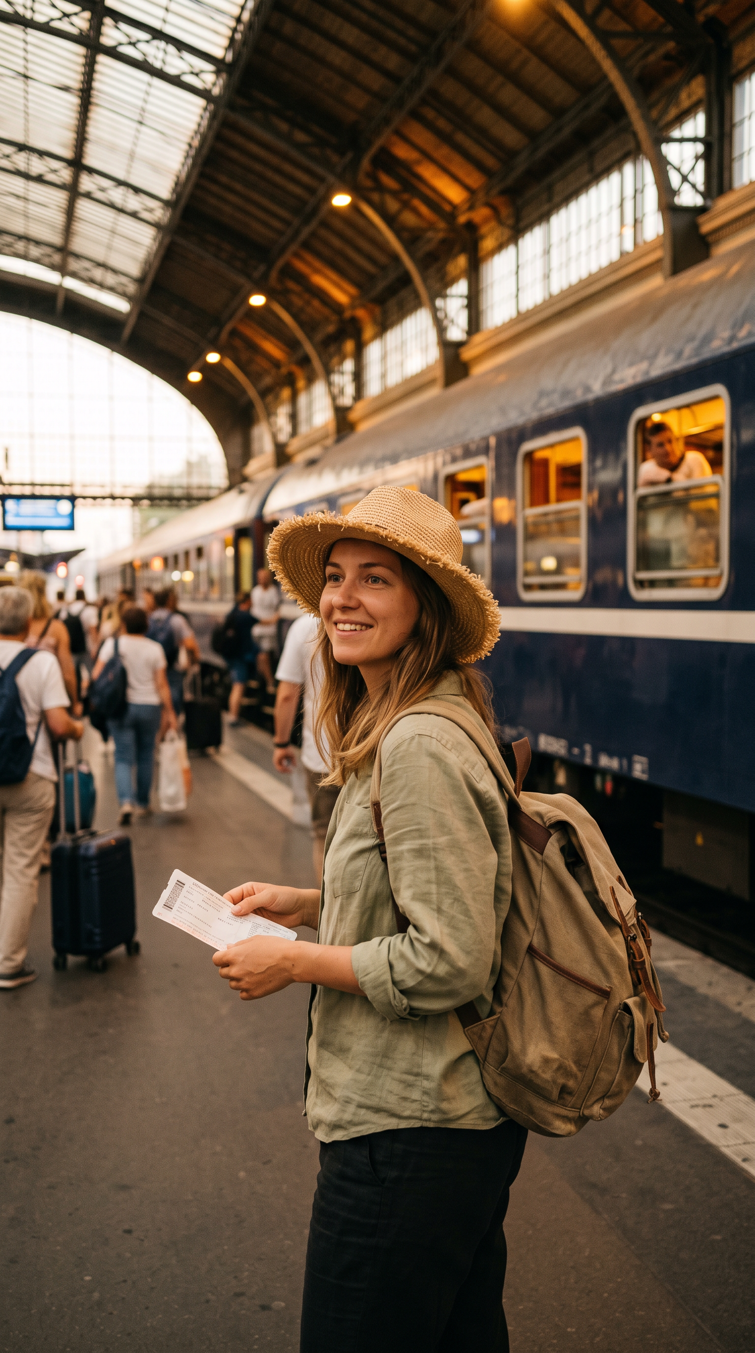 Step 1, the frame: a traveler in a straw hat with a canvas backpack and a ticket on a busy platform beside a blue train