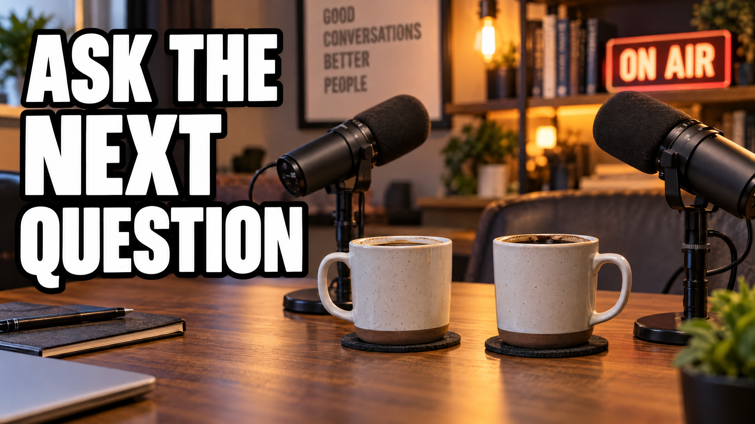 A video thumbnail reading ASK THE NEXT QUESTION beside two coffee cups and two microphones on a studio desk