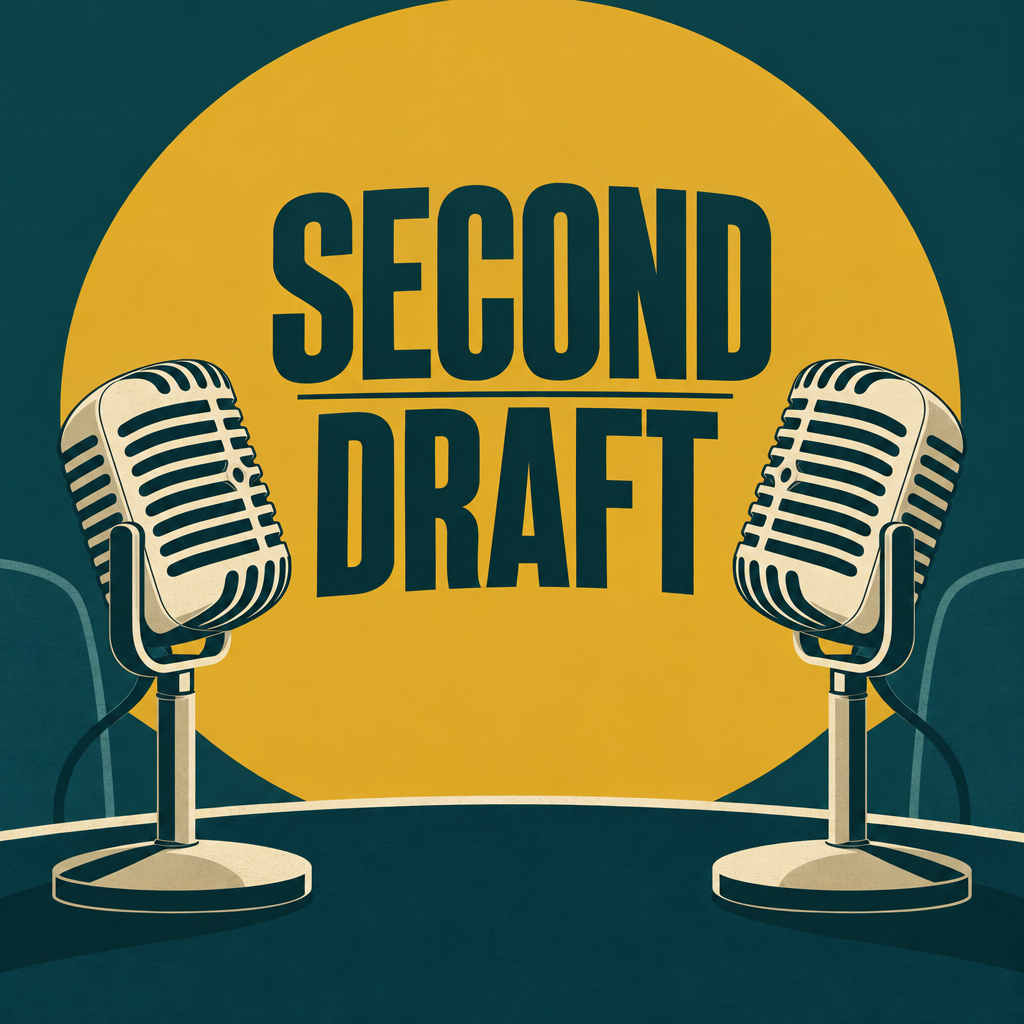 Podcast cover art reading SECOND DRAFT with two vintage microphones in mustard and deep teal