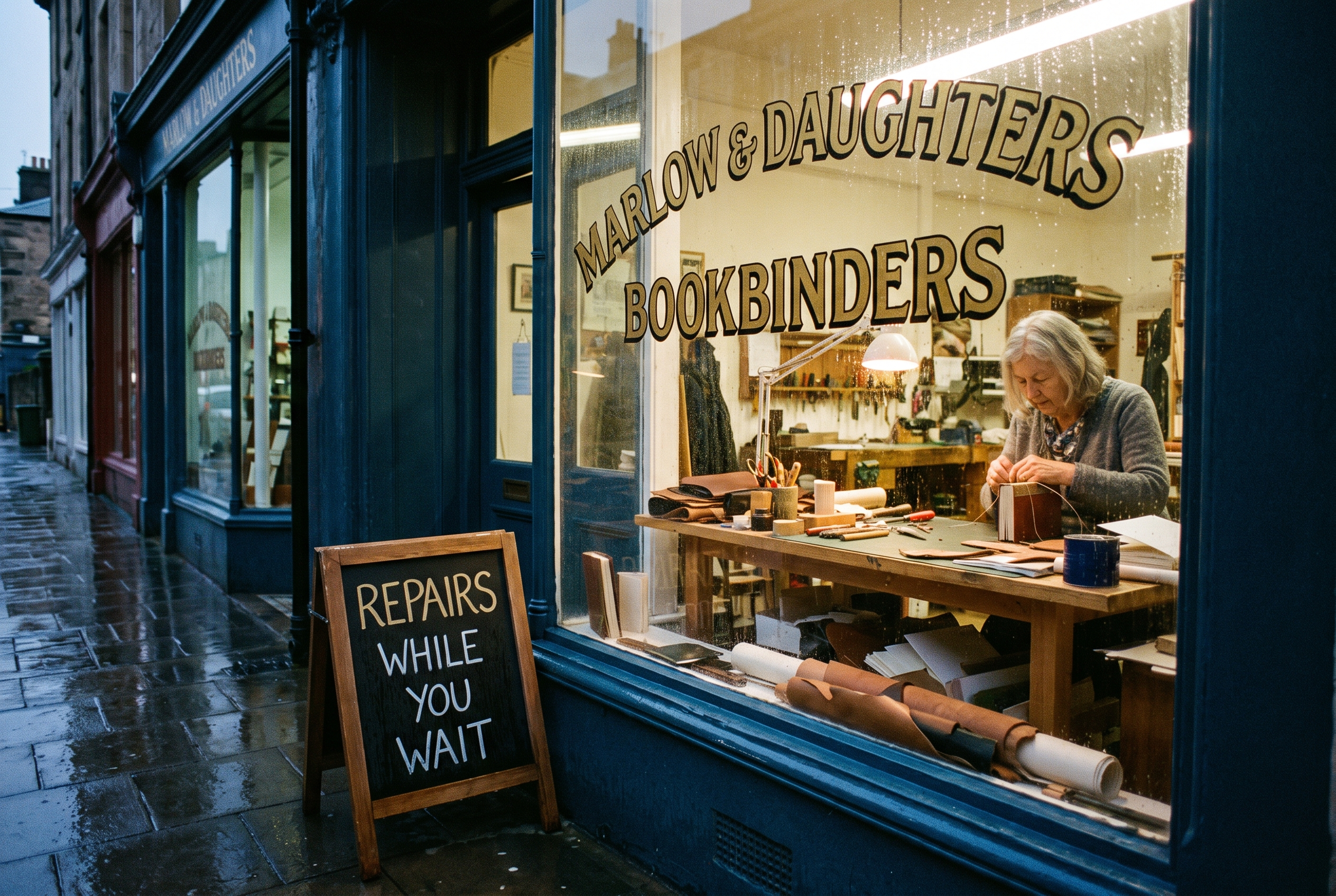 Navy shopfront in grey evening light with a gold sign reading MARLOW & DAUGHTERS BOOKBINDERS, a woman with grey hair at a workbench under cool white light, and a chalkboard reading REPAIRS WHILE YOU WAIT on a wet street