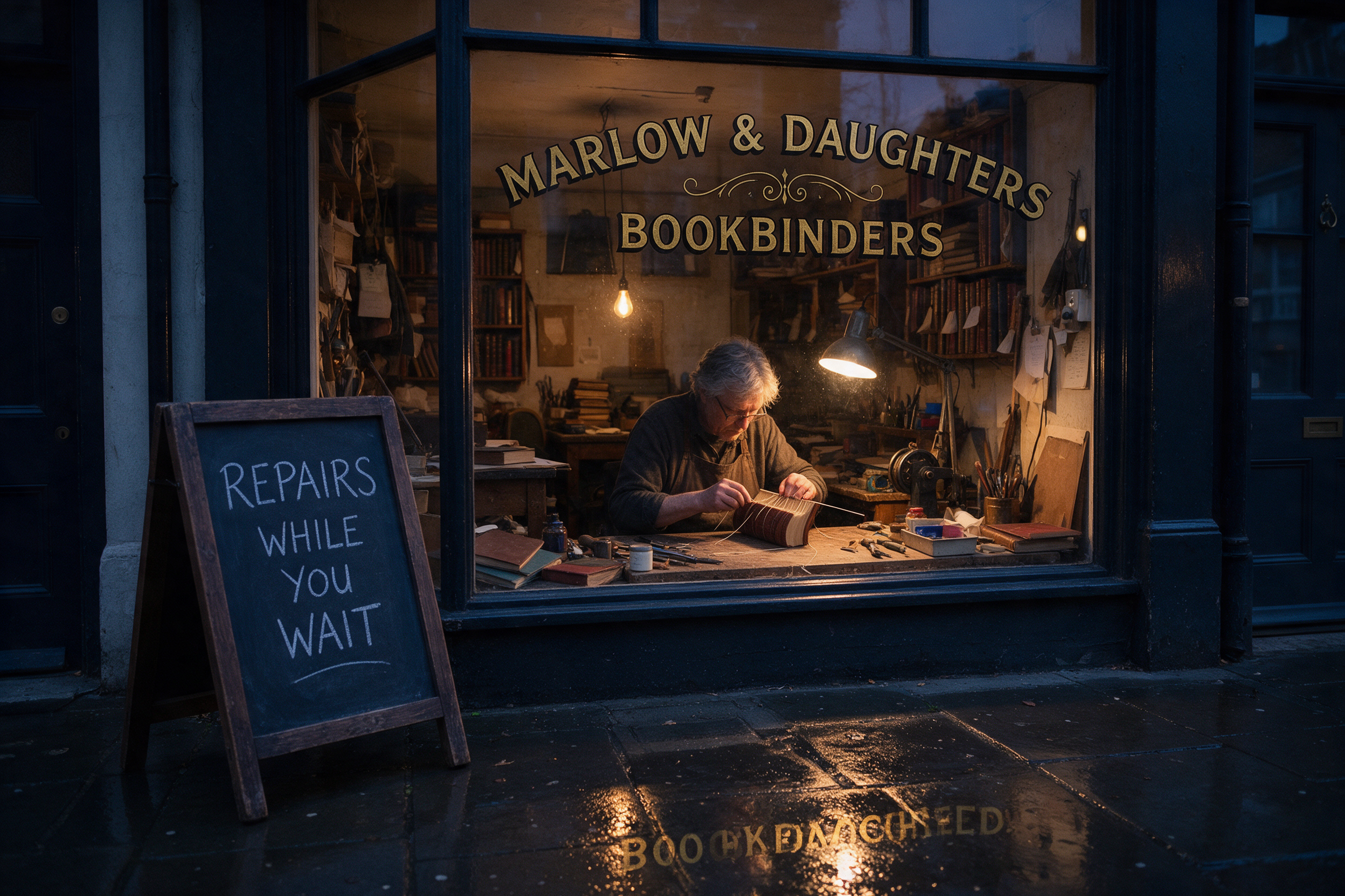 Blue hour bookbindery window with a gold leaf sign reading MARLOW & DAUGHTERS BOOKBINDERS, a grey haired binder stitching a spine under a desk lamp, a chalkboard reading REPAIRS WHILE YOU WAIT, and a blurred gold reflection of lettering on the wet pavement