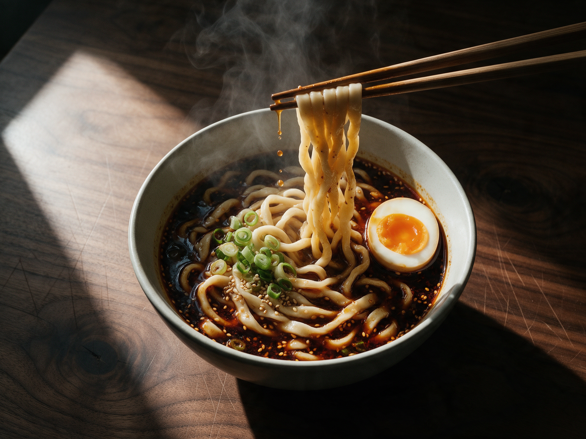 White bowl of hand pulled noodles in dark chili broth seen from a high angle, chopsticks lifting a strand with broth dripping, a halved jammy egg, scallions and sesame, steam rising through a slash of window light on a walnut table