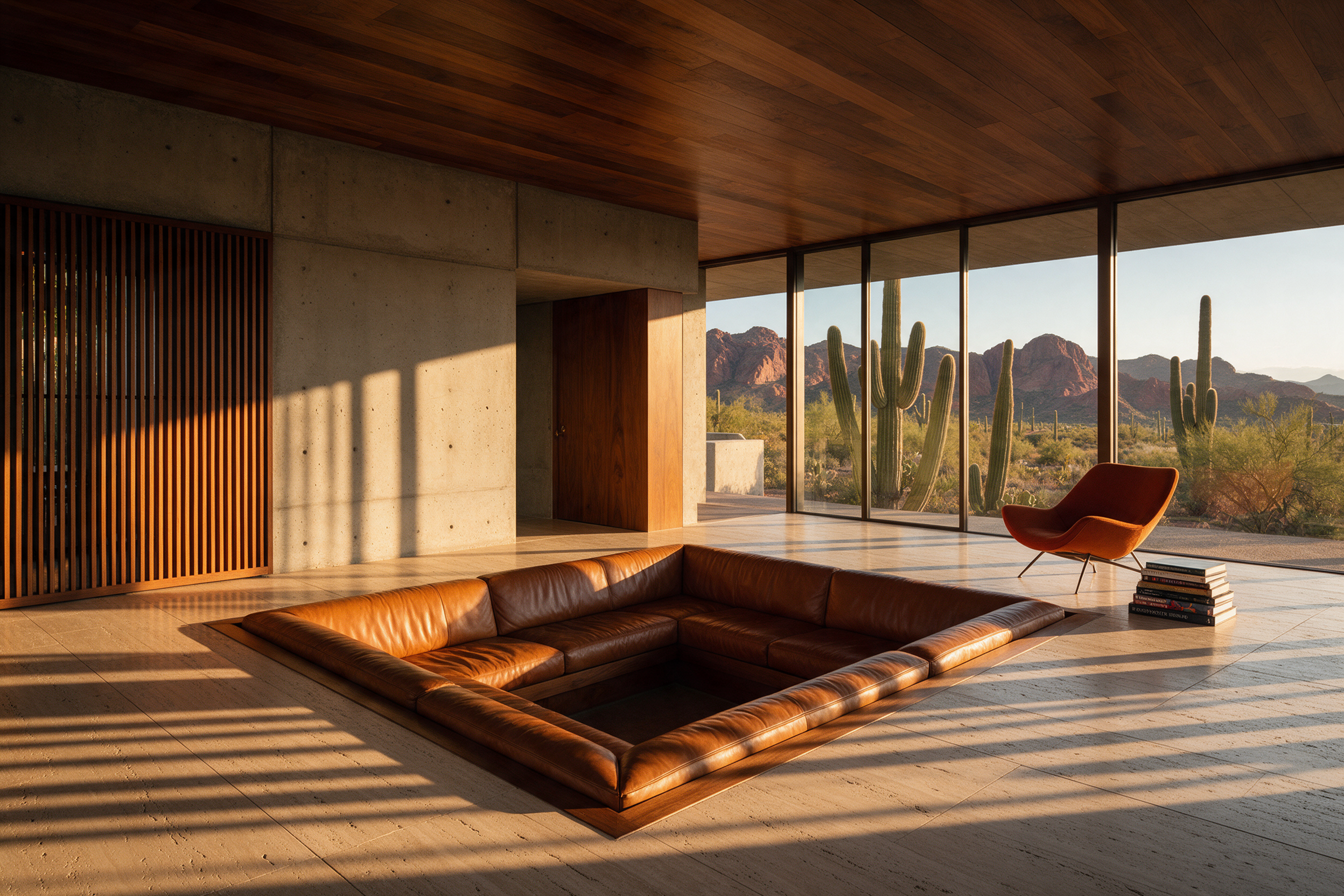 Sunken cognac leather conversation pit in a concrete house under a walnut ceiling at golden hour, striped shadows from a slatted wooden screen across the travertine floor, an orange lounge chair beside a stack of books, and saguaro cactus and red mountains beyond floor to ceiling glass