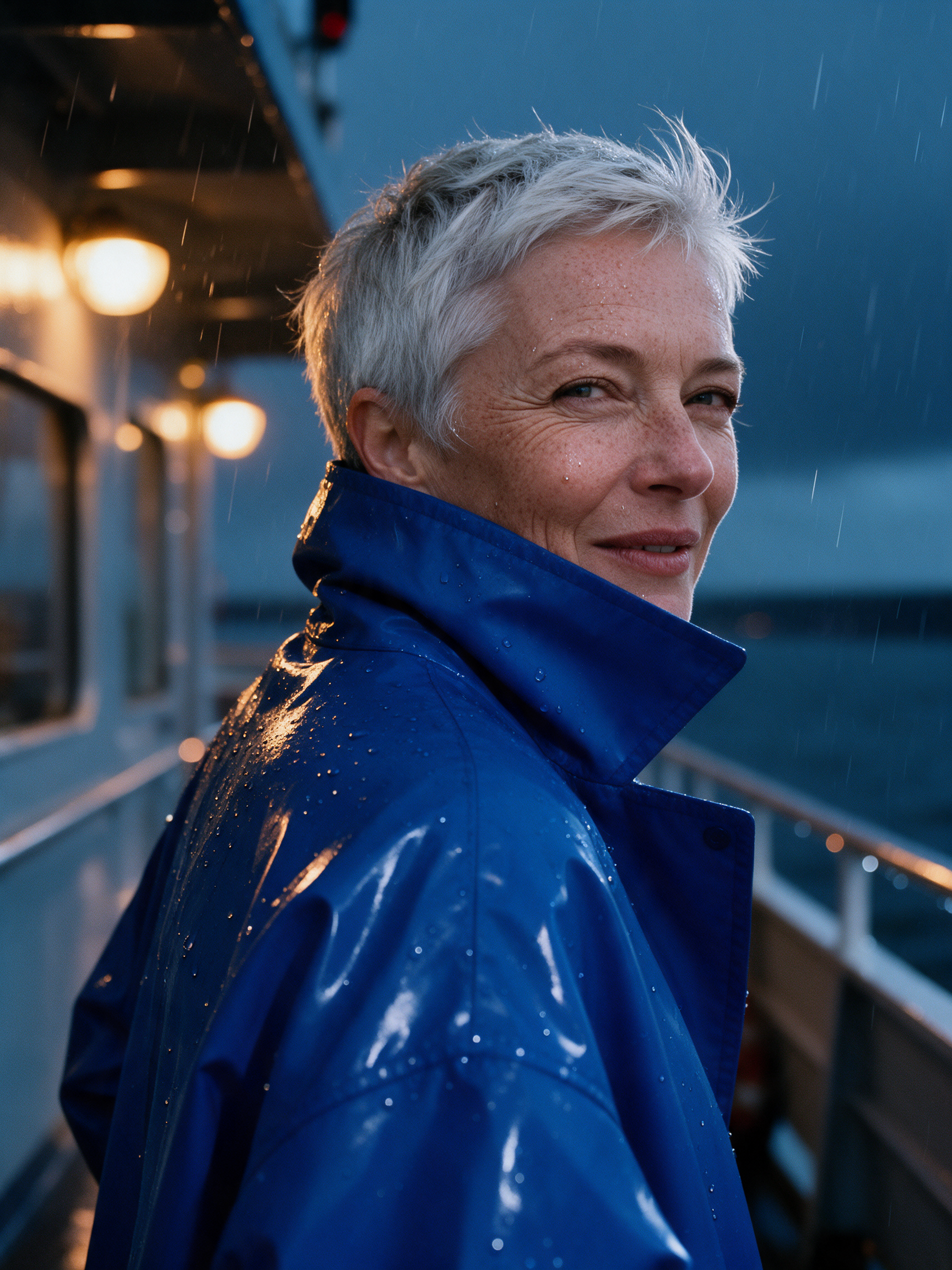 The same silver haired woman from the ferry portrait, now in a glossy cobalt blue raincoat with the collar up, raindrops on her forehead, cheek and shoulders, amber deck lamps glowing out of focus behind her on a dark blue night ferry deck