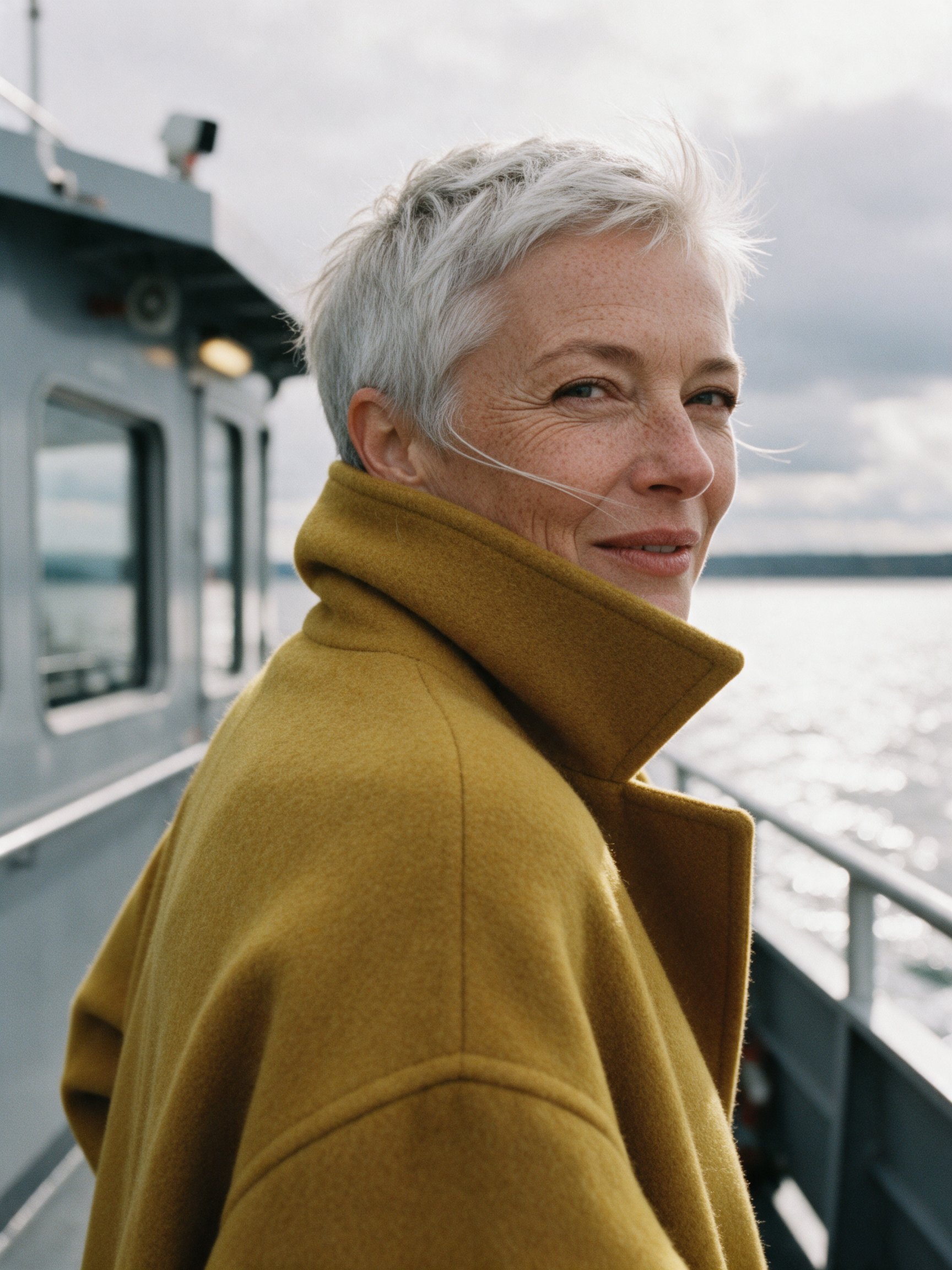 Close portrait of a woman in her sixties with cropped silver hair and freckles, looking back over the turned up collar of a mustard wool coat on a grey ferry deck, bright water behind her