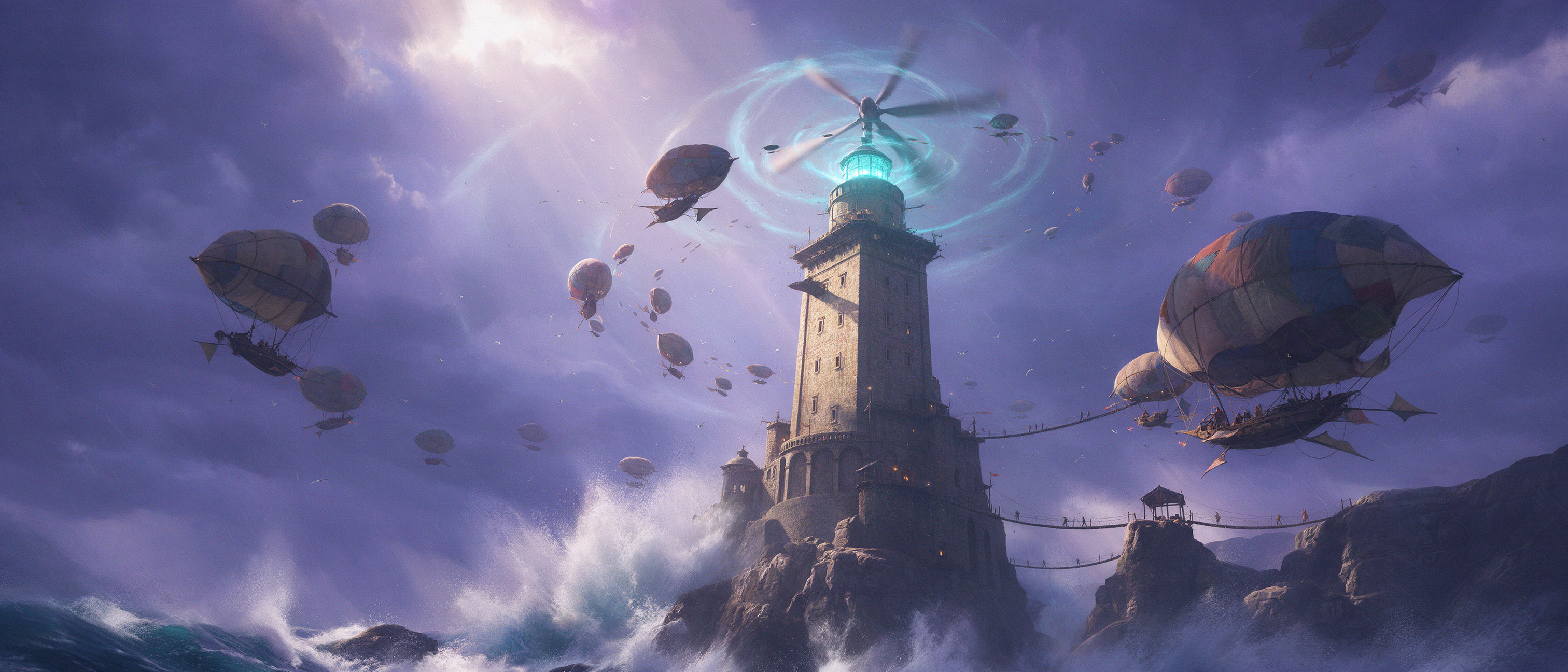 Ultra wide painting of a stone lighthouse on a sea cliff with a spinning rotor ringed in cyan light on top, patchwork airships circling in a violet storm, and rope bridges over crashing waves