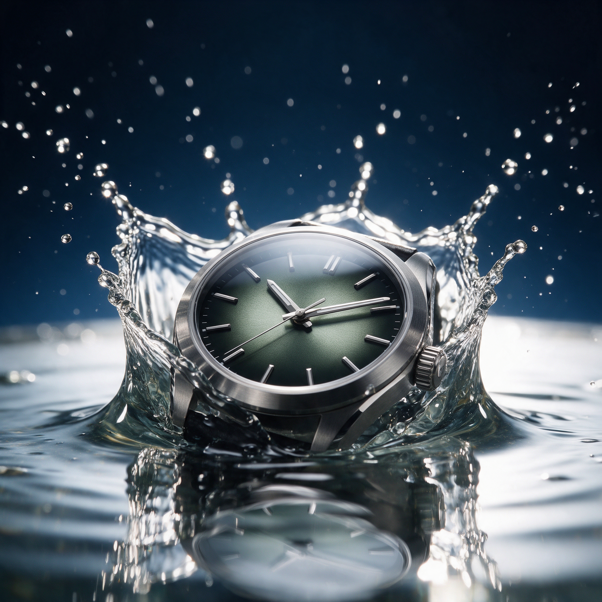 Brushed steel wristwatch with a smoked green dial dropping into water, a crown shaped splash and scattered droplets rising around the case against a deep navy background