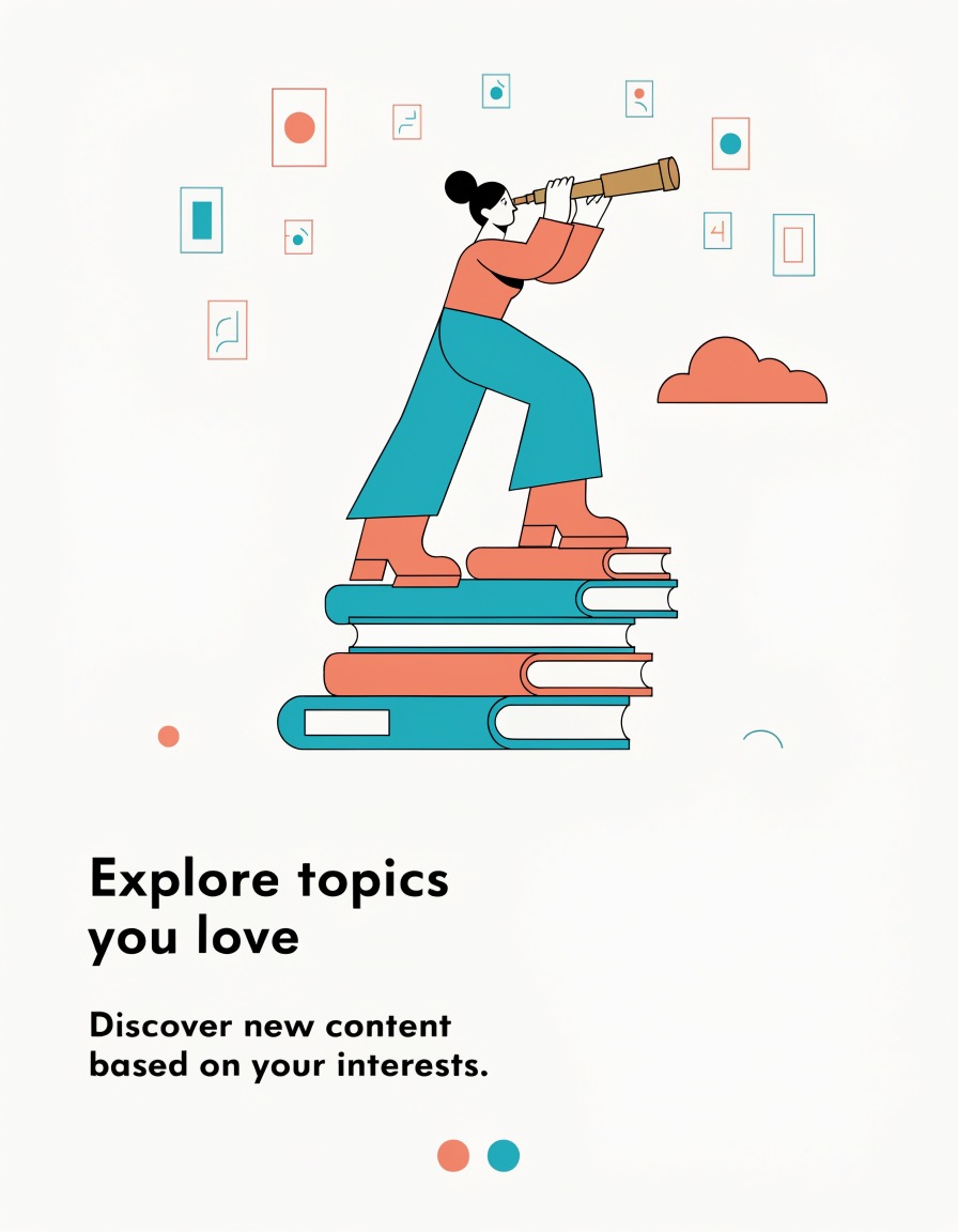 A flat vector app onboarding screen: a woman on a stack of books looks through a brass telescope at floating picture frames, above the headline Explore topics you love