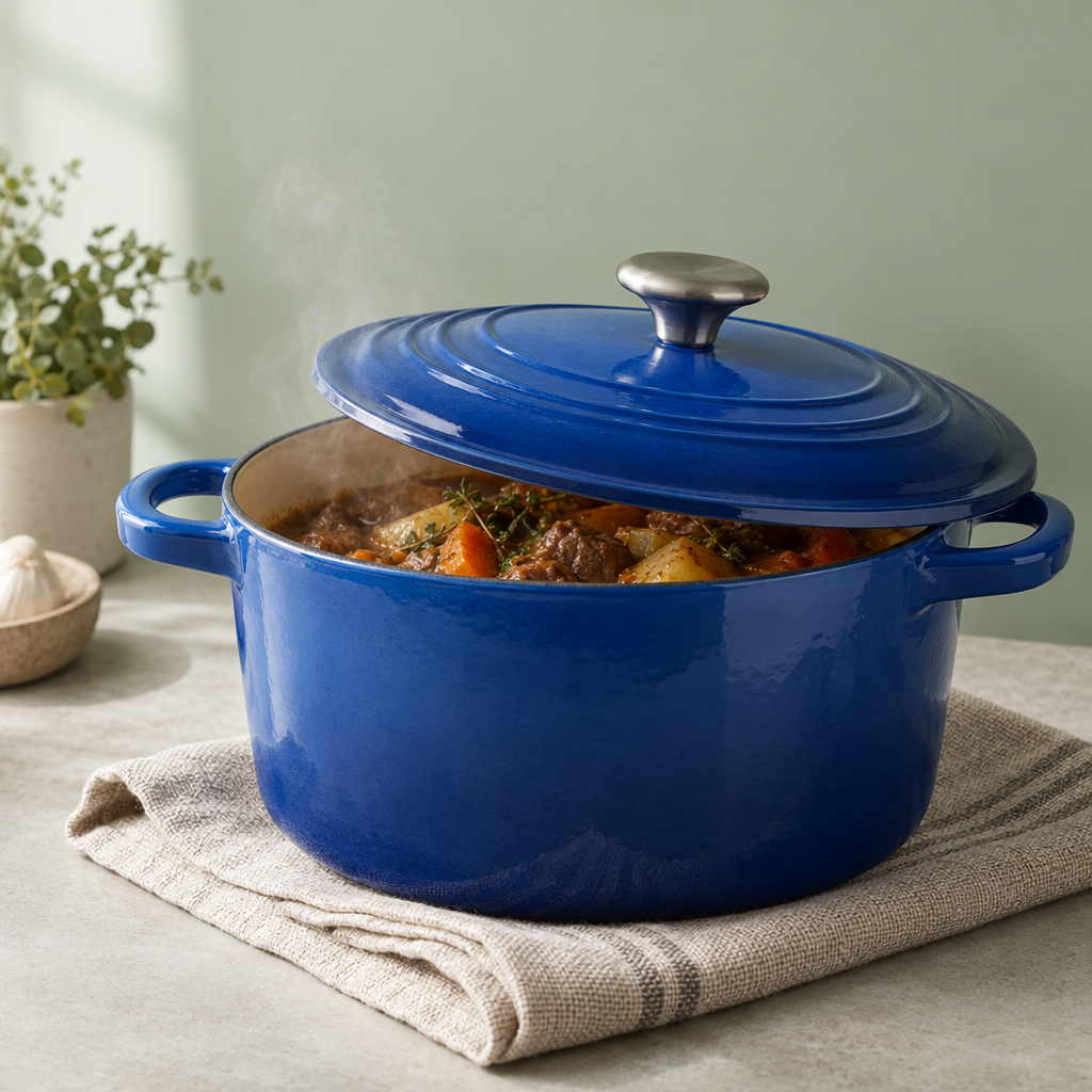 GPT Image 2.5: the dutch oven with its lid tipped open over a beef stew, a herb pot behind it
