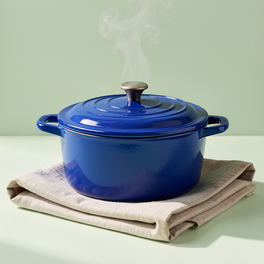 Flux 2 Klein 9B: the cobalt dutch oven on a linen towel with the lid closed and steam rising