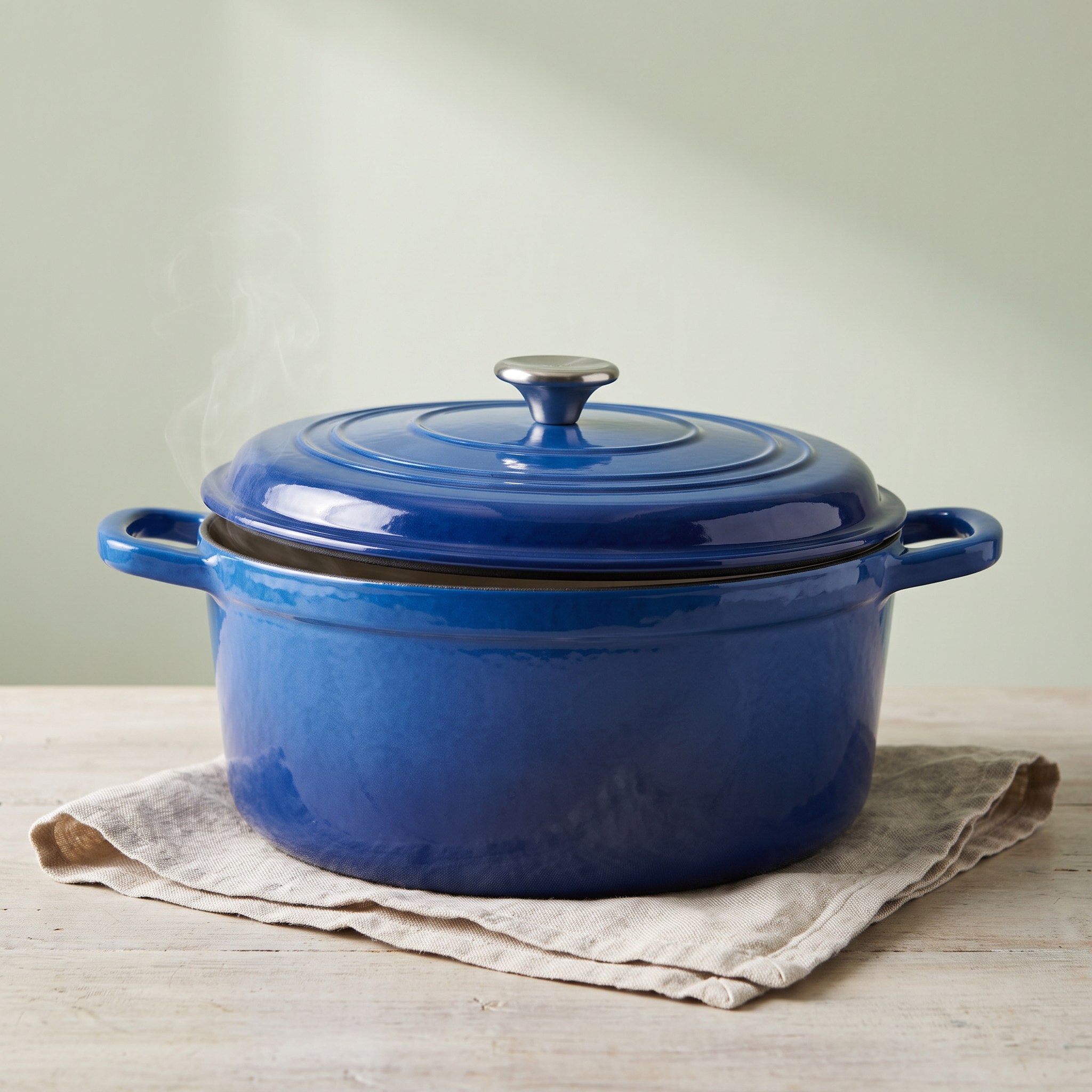 Nano Banana 2.1: the cobalt dutch oven with its lid ajar on a folded linen towel, soft steam behind it