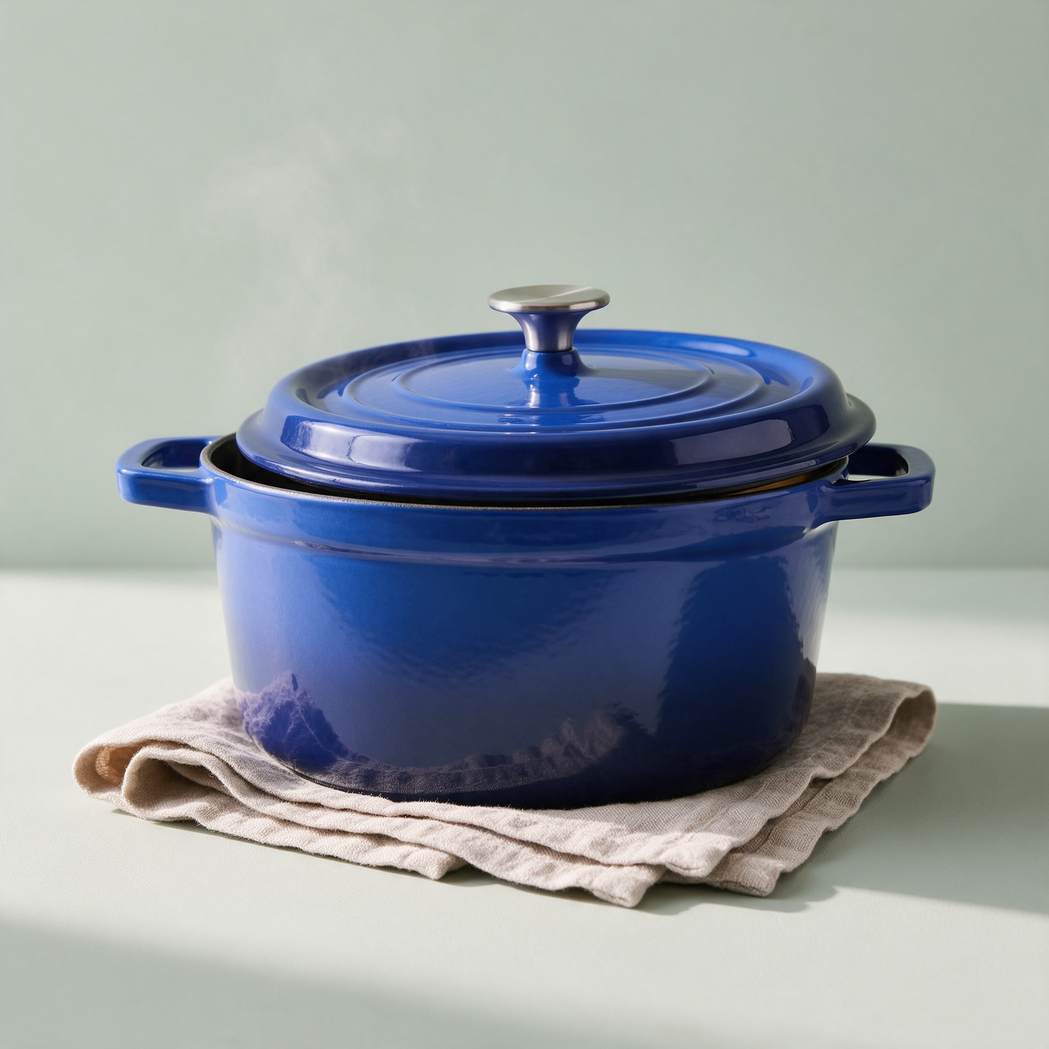 Seedream 5: the dutch oven on a linen towel with the lid slightly open and a wisp of steam