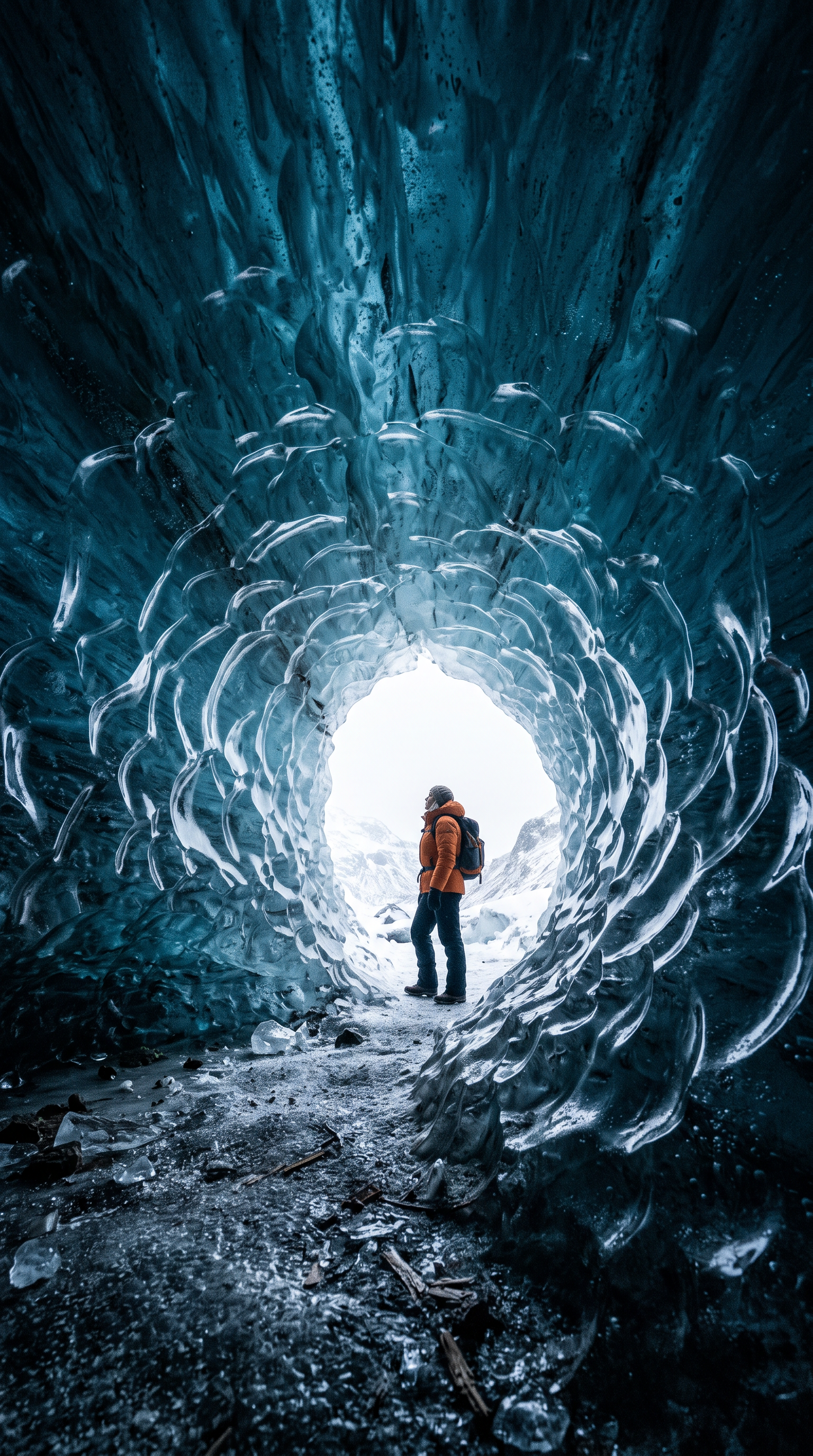 Step 1, Nano Banana 2.1: a vertical view from inside a blue glacier ice cave toward a hiker at the bright opening