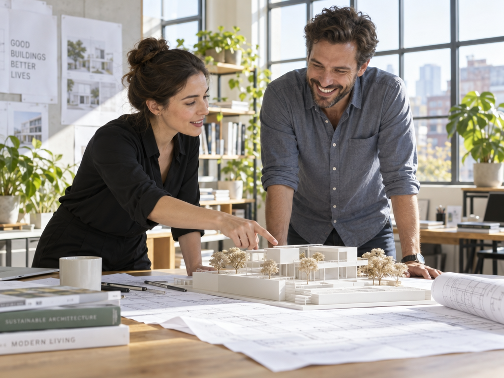 GPT Image 2.5: the woman points at a detailed foam model with tiny trees as the man smiles