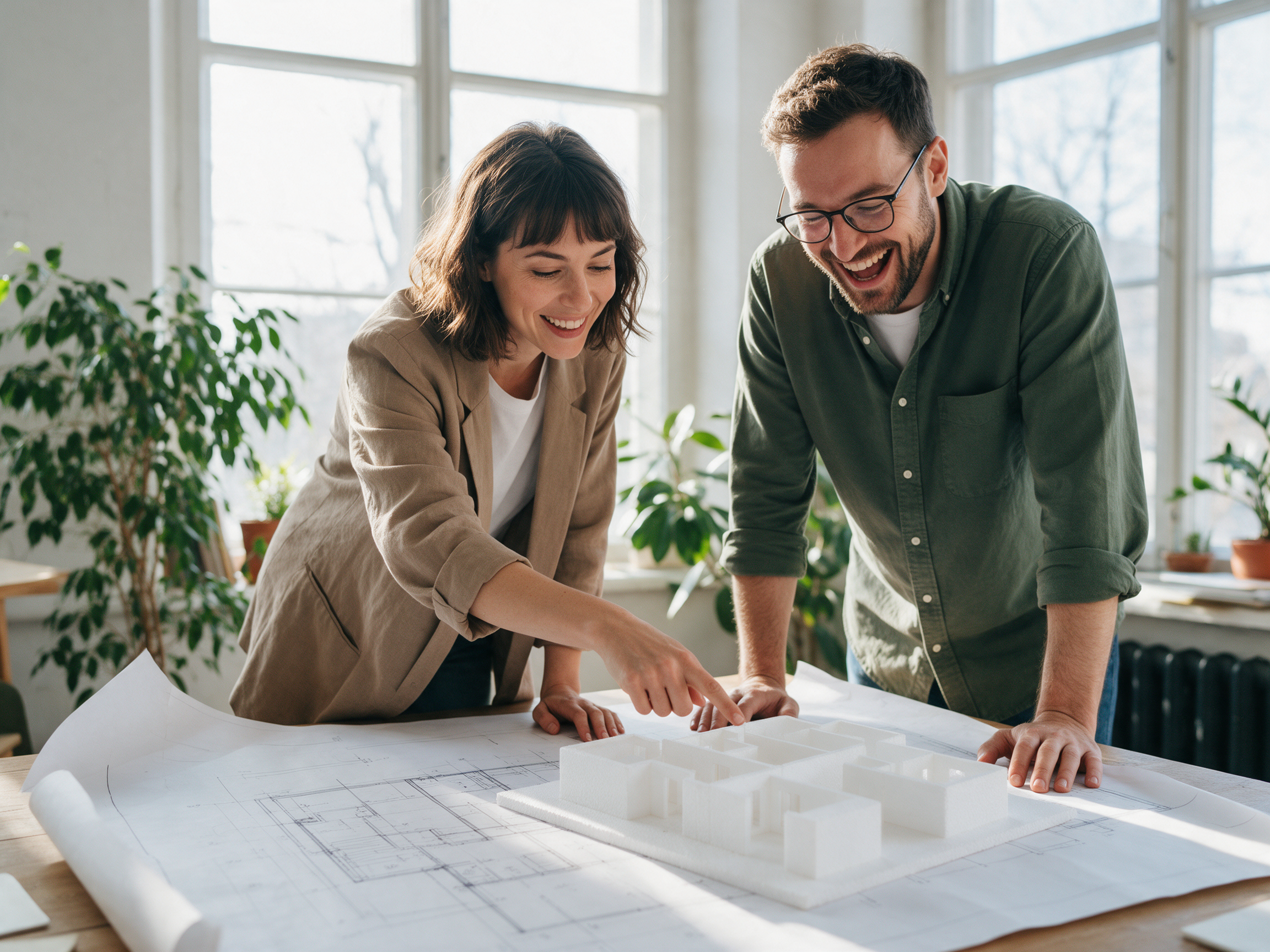 Two architects in their thirties lean over a paper blueprint and a white foam building model in a sunlit studio, the woman points while the man laughs