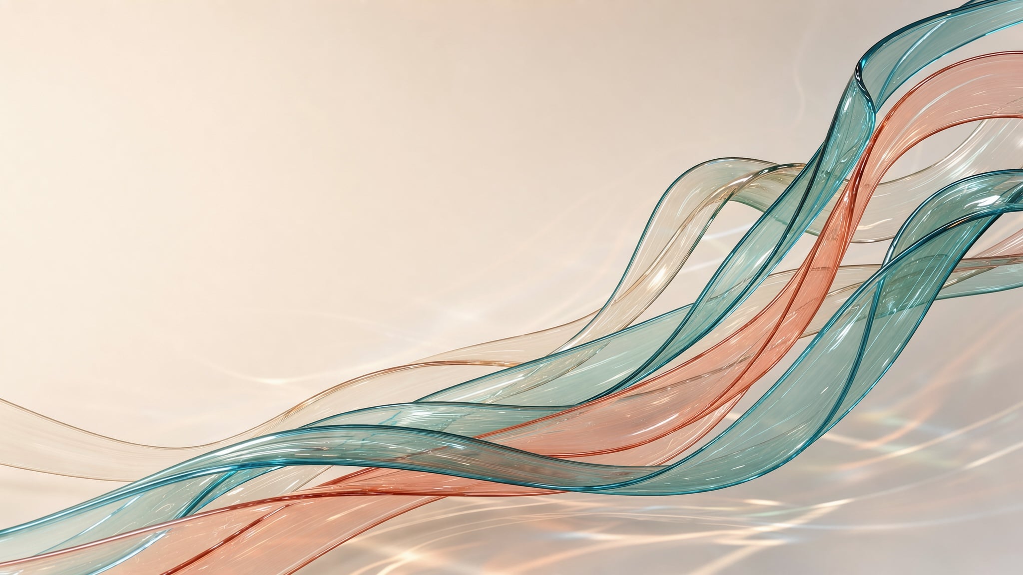 Translucent teal and coral glass ribbons flowing across a soft cream gradient
