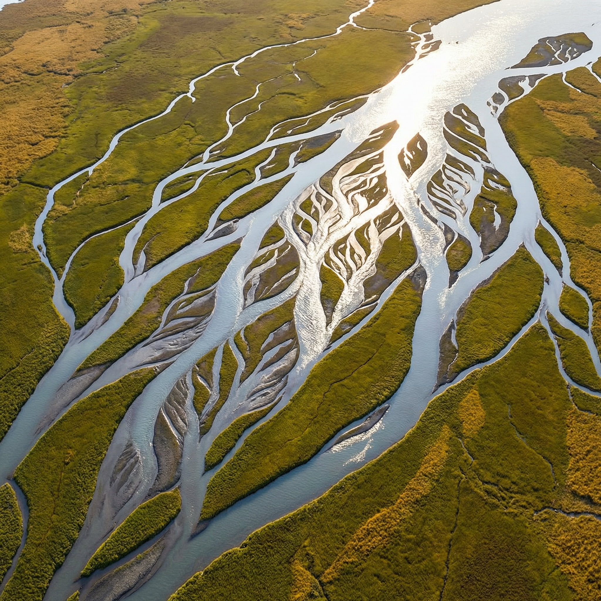 Aerial view of a river delta braided into silver channels across green and ochre wetland